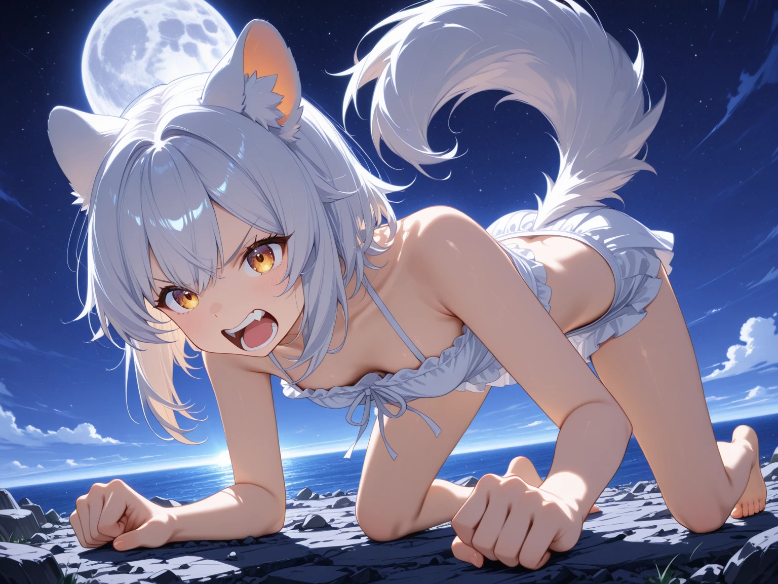 twintail hair, medium breasts, naked, laying on the sand, blushing, full body, on the beach, masterpiece ,very detailed, armpits, cat ears, cat tail, sweaty, nipple