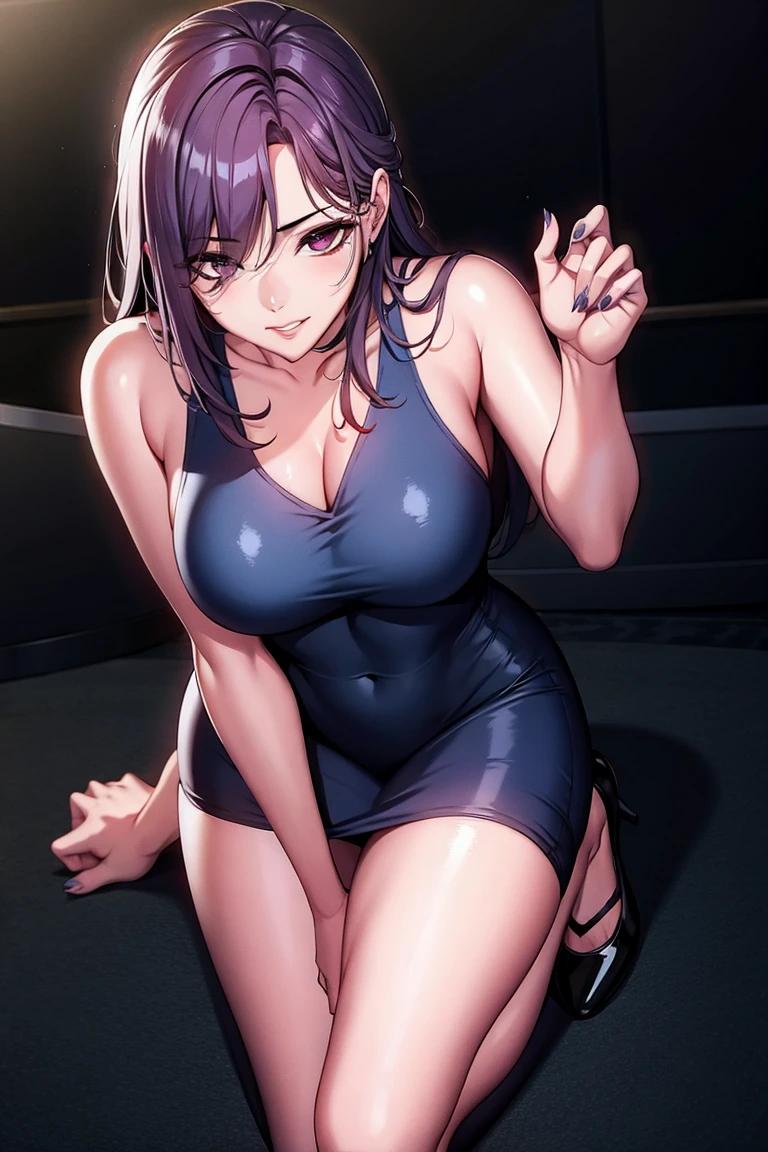 masterpiece, best quality, large breasts, (purple hair:1.4), black dress, high heels, 1girl, (short hair:1.2), aqua eyes, grey eyes, open mouth, panicking, from above, full body, mature female, blurry background, blurry, beautiful and delicate face, public indecency, people,
<lora:sophieSilentWarMy_v10:0.8>
