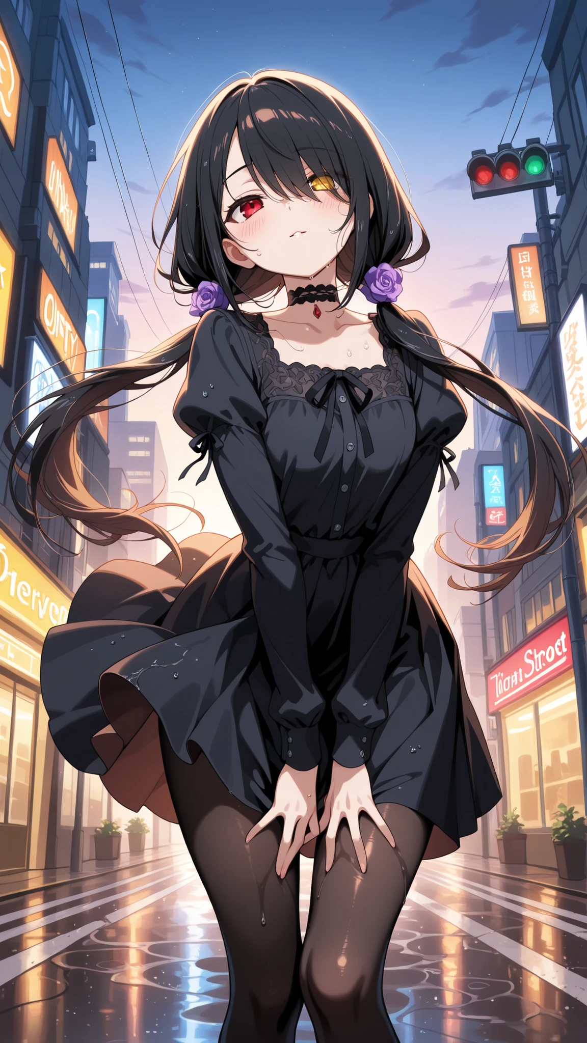 BREAK (masterpiece:1.2), best quality, high resolution, unity 8k wallpaper, (illustration:0.8), (beautiful detrealistic modern city street at dusk, wet road after rain, puddles reflecting traffic lights and buildings, glowing shop signs, evening sky, cinematic soft lighting, high detail, photorealism, ultra HD,kurumi tokisaki casual, long hair, black hair, red eyes,yellow eyes,heterochromia, long sleeves,sexy dress,cleavege, hair over one eye, black dress, black pantyhose, puffy sleeves, choker, collarbone, skirt, black skirt, flowers, hair flowers, purple flowers, twintails, low twintails,raised hips,blush, seductive expression,floating hair,looking at viewer,cowboy shot,floating skirt,arched back,wide-angel,from behind,from below,bent over,