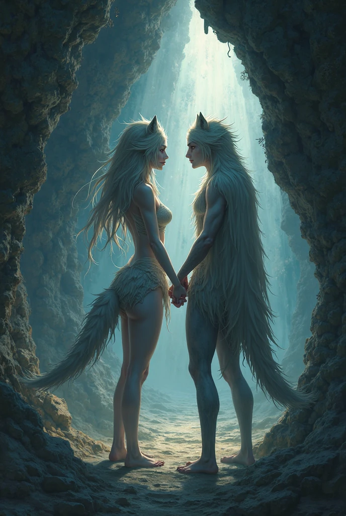 Male werewolves and female reptilian , they have sex lying down looking at the starry sky with a galaxy . In the center a blue crystal centered in the galaxy
