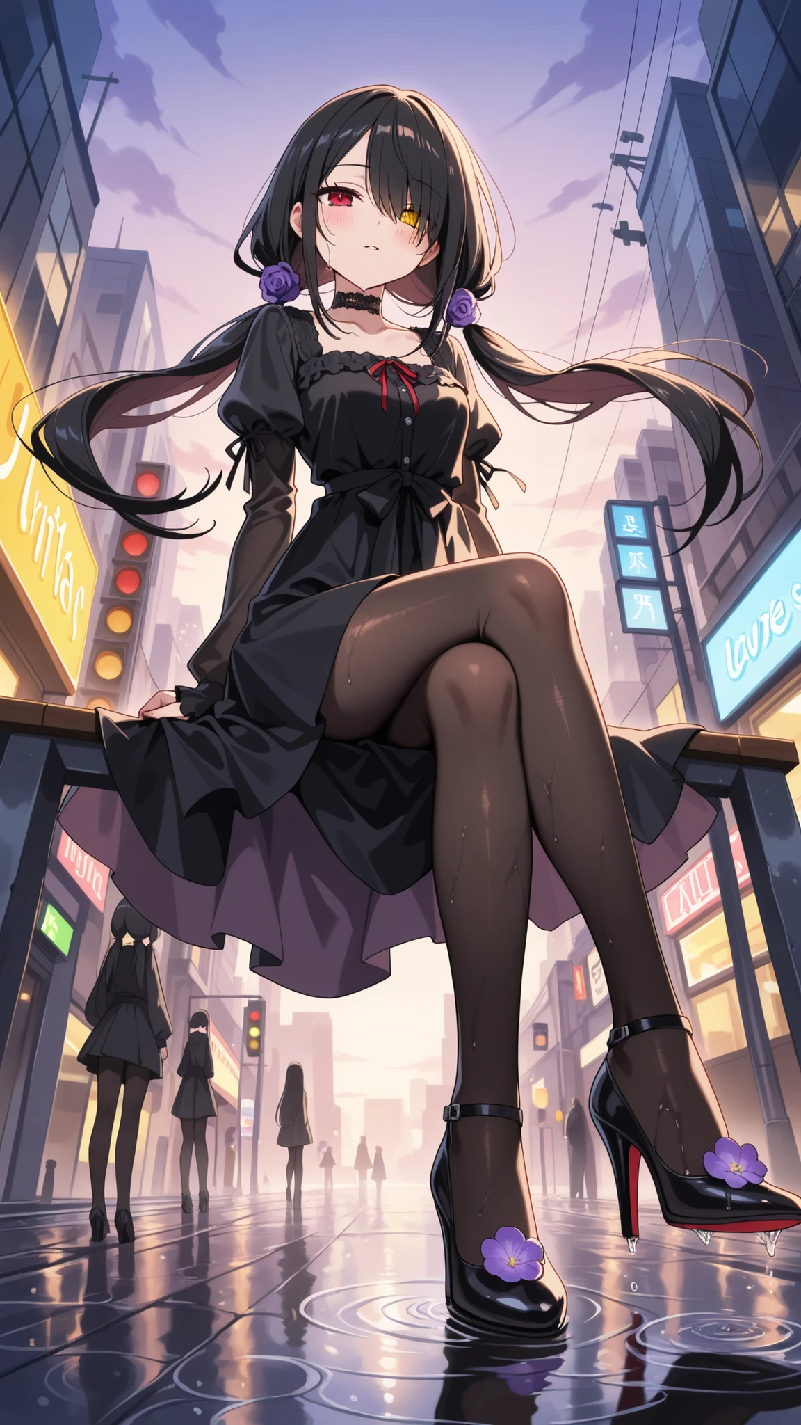 BREAK (masterpiece:1.2), best quality, high resolution, unity 8k wallpaper, (illustration:0.8), (beautiful detrealistic modern city street at dusk, wet road after rain, puddles reflecting traffic lights and buildings, glowing shop signs, evening sky, cinematic soft lighting, high detail, photorealism, ultra HD,kurumi tokisaki casual, long hair, black hair, red eyes,yellow eyes,heterochromia, long sleeves,sexy dress,cleavege, hair over one eye, black dress, black pantyhose, puffy sleeves, choker, collarbone, skirt, black skirt, flowers, hair flowers, purple flowers, twintails, low twintails,raised hips,blush, seductive expression,floating hair,looking at viewer,cowboy shot,floating skirt,arched back,wide-angel,sitting,cross legs,high heels,from below,