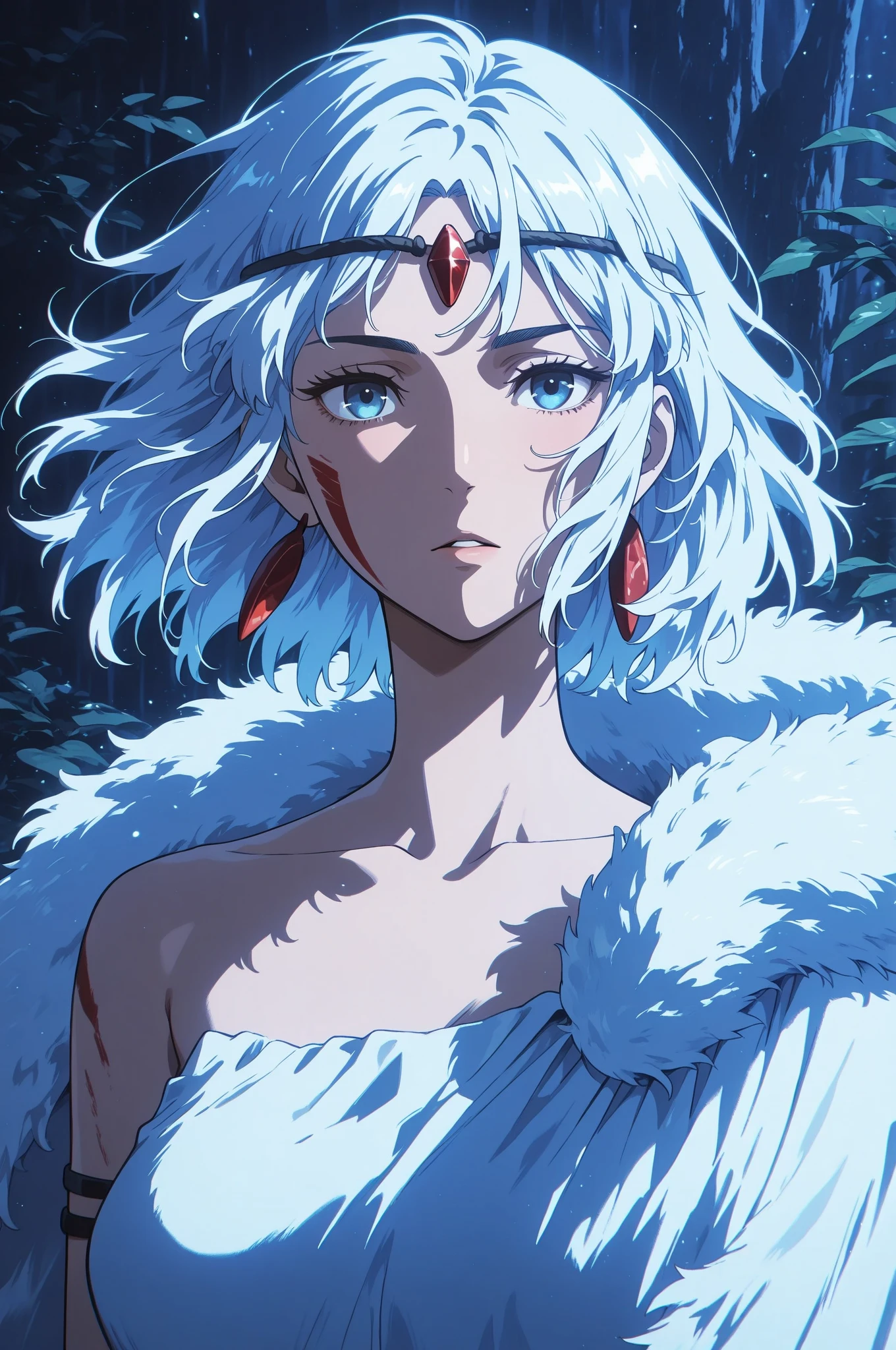 Female, white skin, bright light blue eyes, third eye on forehead, long white hair, white Japanese dress from the classical era, cold and focused expression, "One Piece-inspired anime features, drenched in dramatic and incredible lighting, dramatic lighting, infused with creative details, ultra-fine 2D design, scenery bathed in creativity, bathed in creativity, boasting HD anime resolution clarity, HD anime graphics, high-octane rendering"