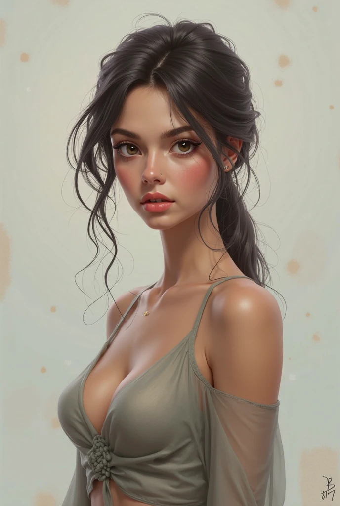 A delicate, 3D water color paint shows a full body naked beautiful Persian woman, her features rendered in subtle shading and precise lines. The framing is focusing attention on the subject's sweet face, very big eyes, very high nose, thick and long eyebrow, thin and wide lips, sexy look. Soft, feathery strokes convey the gentle texture of her long hair,  small and firm breasts, bare foot, large pussy,