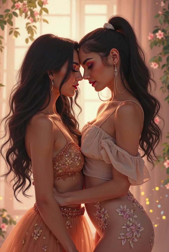 two girl kissing, see her ass,(bright lighting,romantic setting),dreamy background,bondage,dark hair, mesmerizing gaze, , soft skin, alluring beauty, artistic portrait, high-quality image, vibrant colors,translucent silk wedding dress, mosquito net,