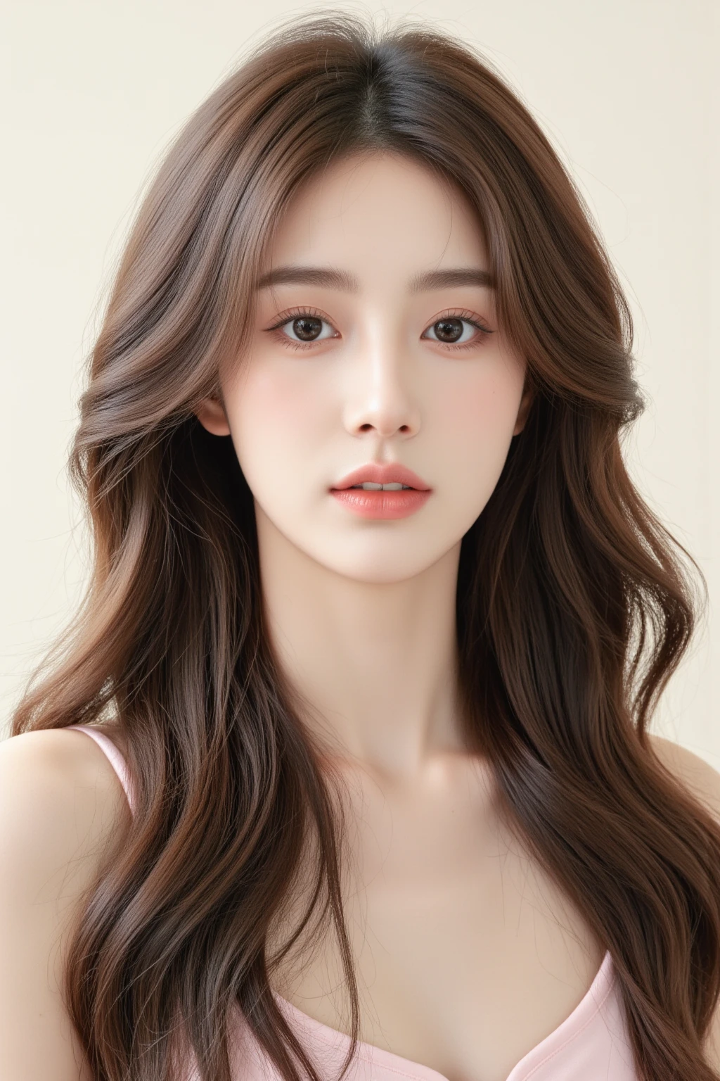 Girl wearing, luxury orange coat, shoulder length hair, wavy hair, glowing skin, star in eye, red lips, grey  background, cute poses , upper body.