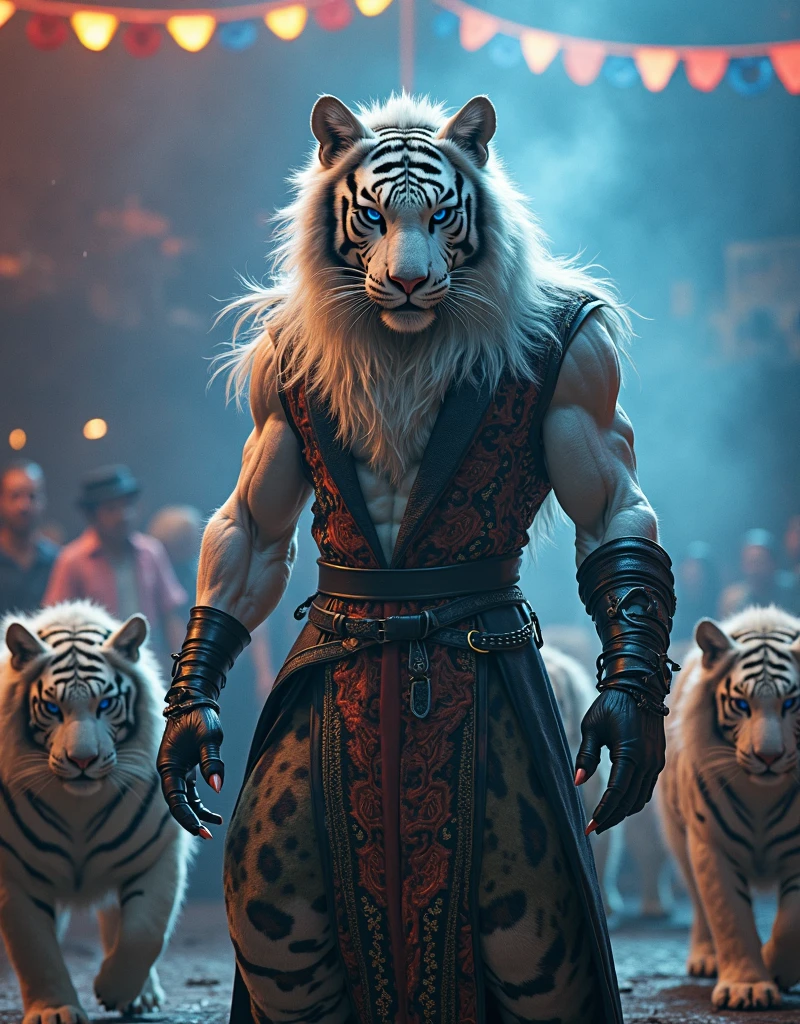 (Highest Quality, 4k, masterpiece, Amazing Details:1.1), wearing wear out circus clothes, Shallow Depth of Field, E671, lens 50mm f/2.0, ((cat_strongman_anthro_furry)), pircings, studded bracelet, (detailed fur) (photorealistic) (RAW Photo)), angry, evil smile, ((gothic_circus)), skimpy