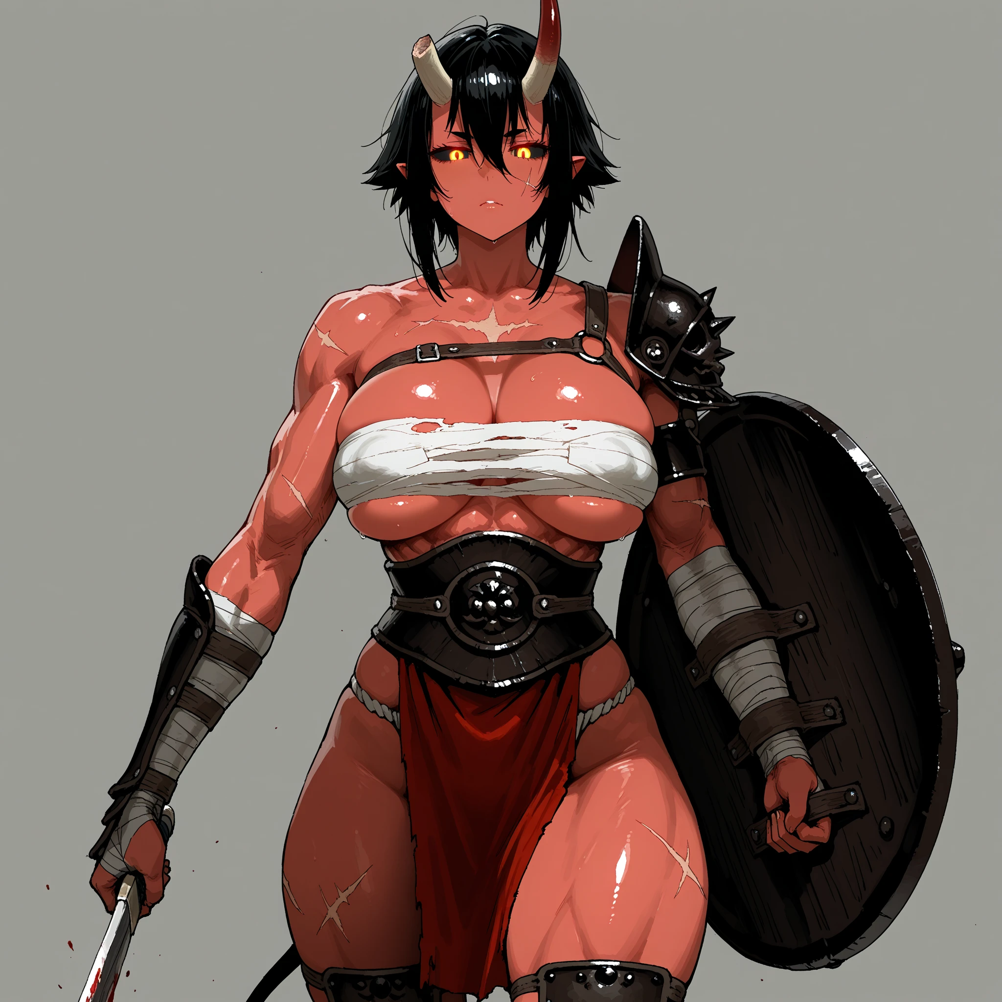 ({masterpiece}},{best quality,}，white background,full body,fantastic,1 female demon，Aggressive，，Red skin，Horns，Chainsaw sword，Brass decoration，Strong muscles，Sexy，({masterpiece}},{best quality}