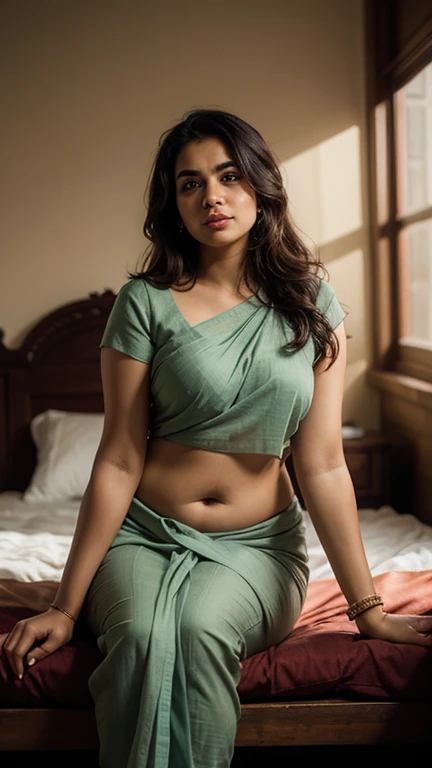 Beautiful lady in silk pink green saree laying on chair, c cup size, looking romantic