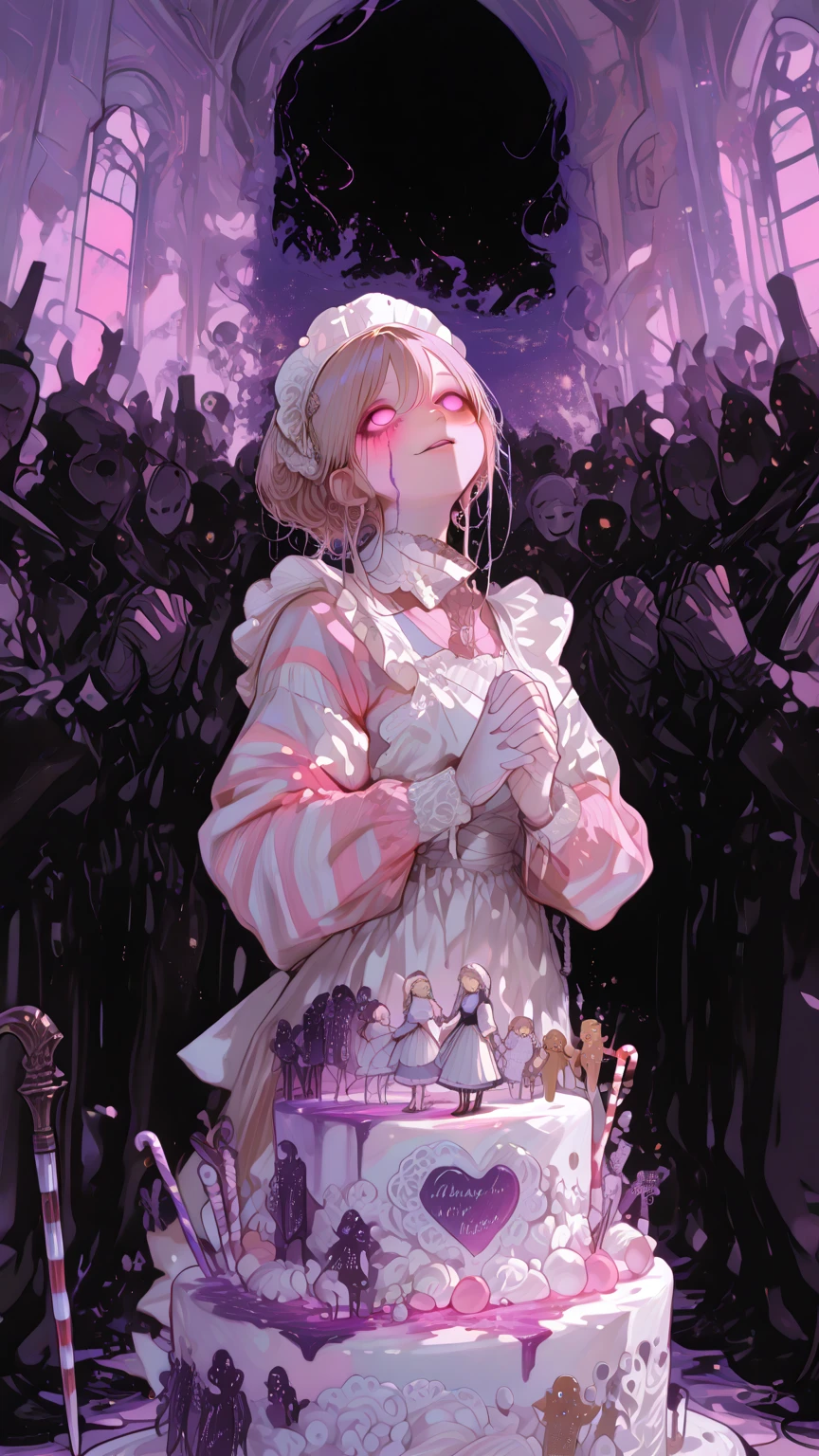 A cute woman, 50s clothing, has been caught by horror movie monster the Blob, she is encased in translucent slime that is dissolving her, mouth open to scream, body half dissolved