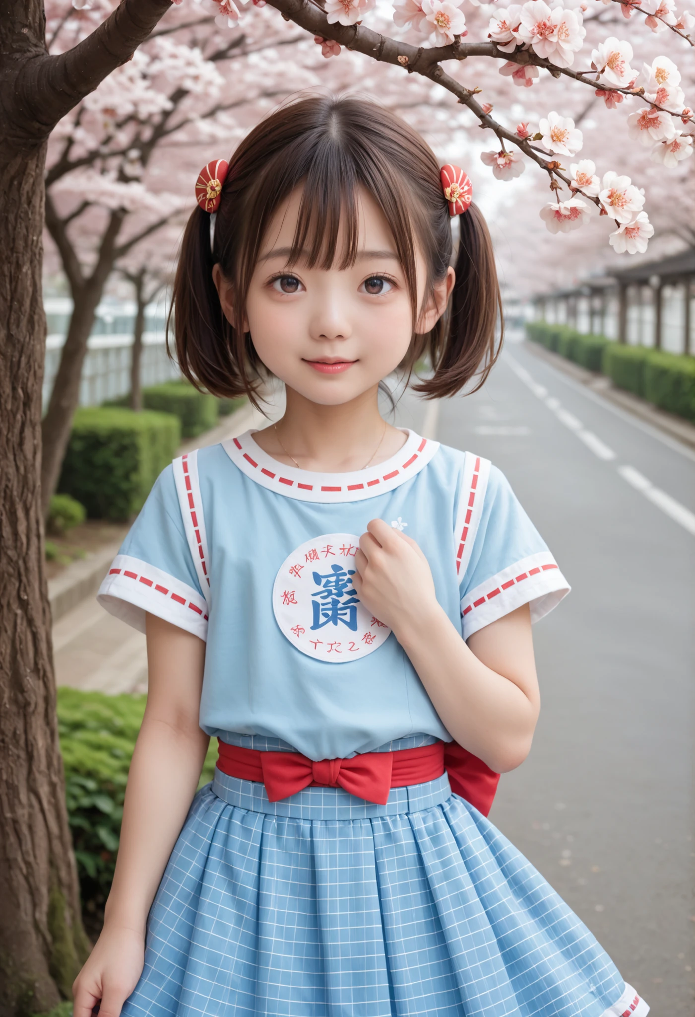 8k,masterpiece,Japanese,9 year old girl,hanging out,innocent face,gentle eyes,child dish,Tees,Short Sleeve,short skirt,hanging out半長い,noon,Bright,cherry tree