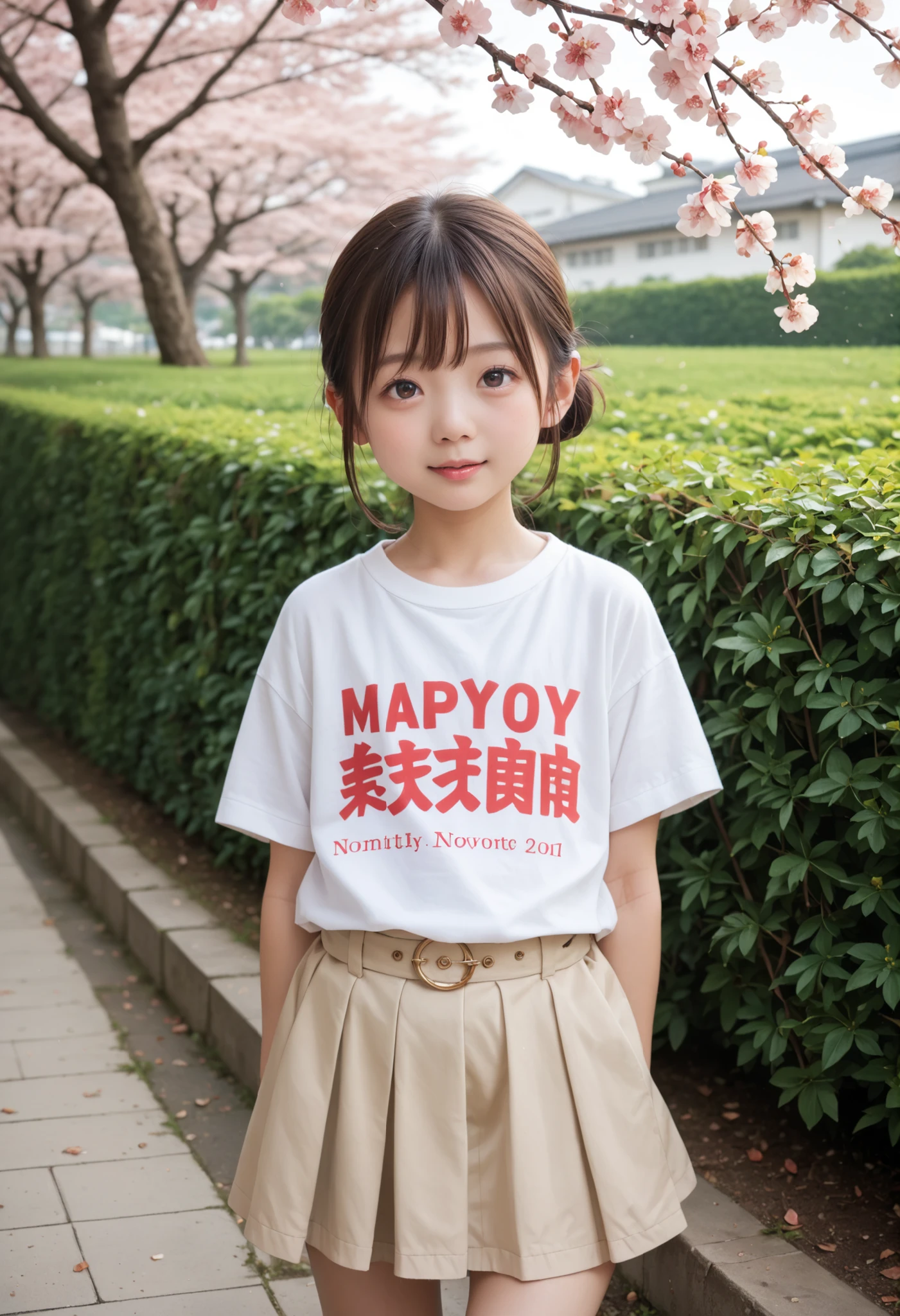 8k,masterpiece,Japanese,9 year old girl,hanging out,innocent face,gentle eyes,child dish,Tees,Short Sleeve,short skirt,hanging out半長い,noon,Bright,cherry tree