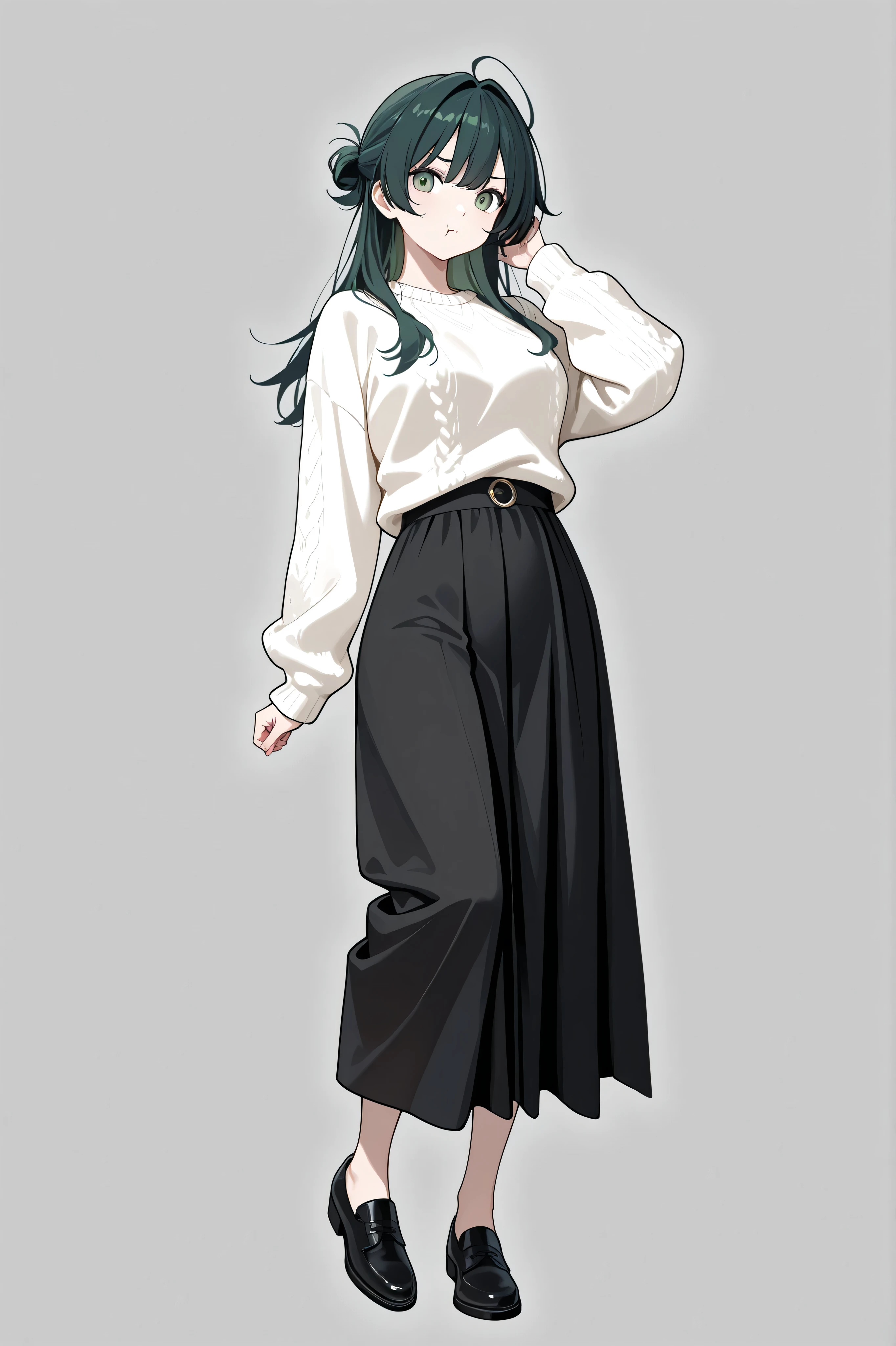 1 girl, standing, :t, dark green hair, pale green eyes, white sweater, Black Long Skirt, Full Body