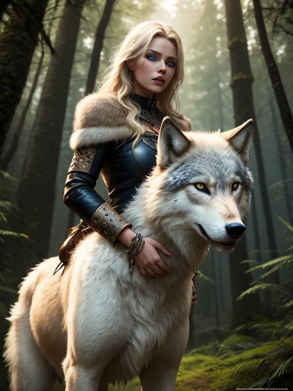(masterpiece, highest quality), With his giant direwolf companion、A beautiful elven ranger patrolling the mysterious mountain forests, Detailed Ranger Armor, Braided hair, Perfect Face, Beautiful Face, Big beautiful eyes, Perfect slim fit body, Severe, afternoon, Bright colors
