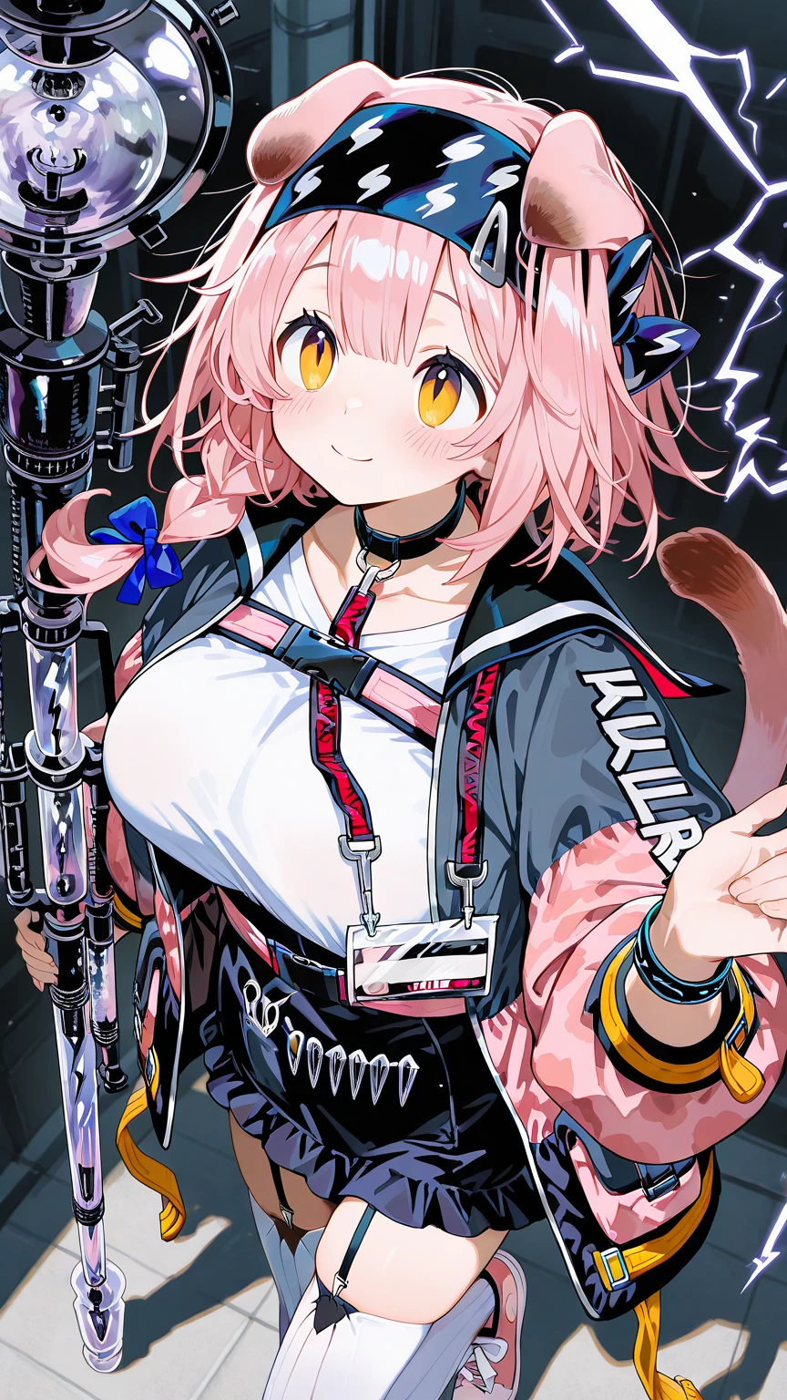 1girl, (animal ears), headband, (full body:1.2), bangs, braid, dark aura, blue electricity, purple energy, electric strike, biribiri, floating hair, messy hair, pink hair, multicolored hair, golden eyes, multicolored eyes, looking to the side, hitodama, outstretched arm, open jacket, black jacket, pink tail, (one tail:1.2), cat tail, thunder, glowing, jewelry, laser, lightning magic, lightning strike, blue lightning, magic, blue fire, purple fire, splashing, solo, gradient sky, aerial fireworks, multicolored background, blue, pink, purple