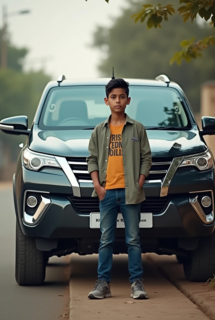A boy standing over the Fortuner the tapping of Fortuner is green color and Pakistani flag is hanging over the car and boy shirt color is green wearing a mask and Qadeer is written on the shirt of boy