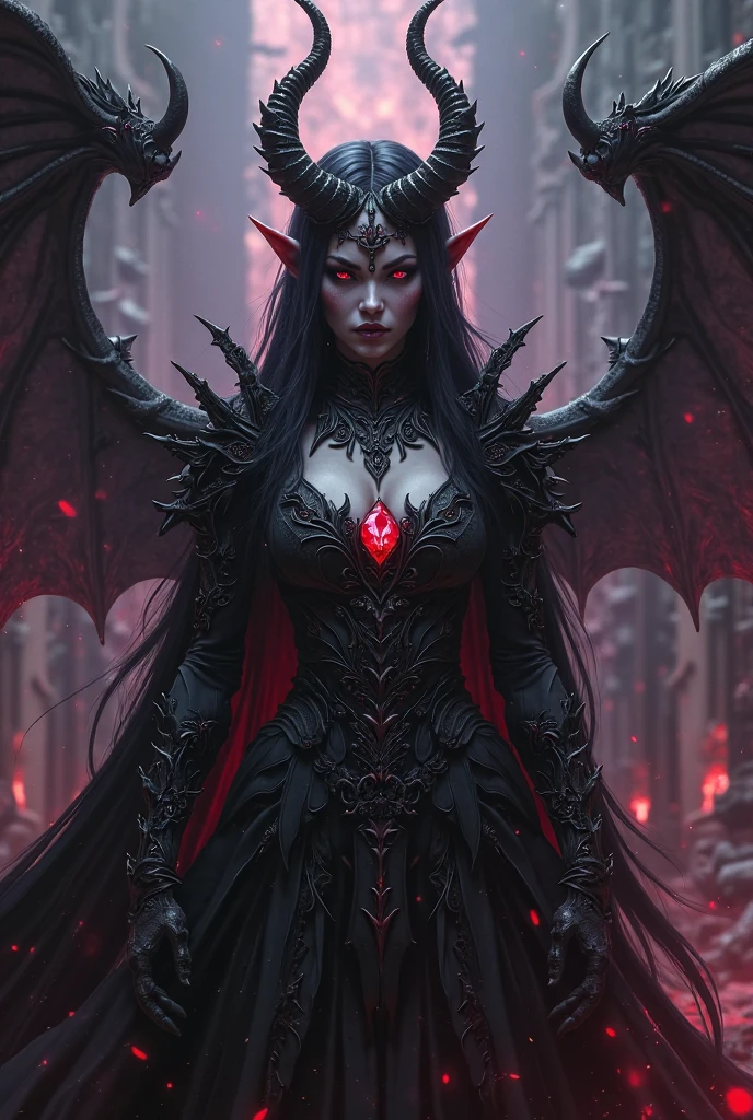 




"Portrays Lilith, an imposing and majestic figure with snow-white skin. She has intense red eyes and her hair is long and silver., flowing freely. She wears black, metallic armor adorned with blood-red detailing.. The armor is elegant but fearsome, Standing out in its intricate design. Lilith has long, curved horns emerging from her forehead., and its outstretched wings are large, with black feathers and red details. The atmosphere around her is dark and stormy., accentuating its powerful and sinister aura."