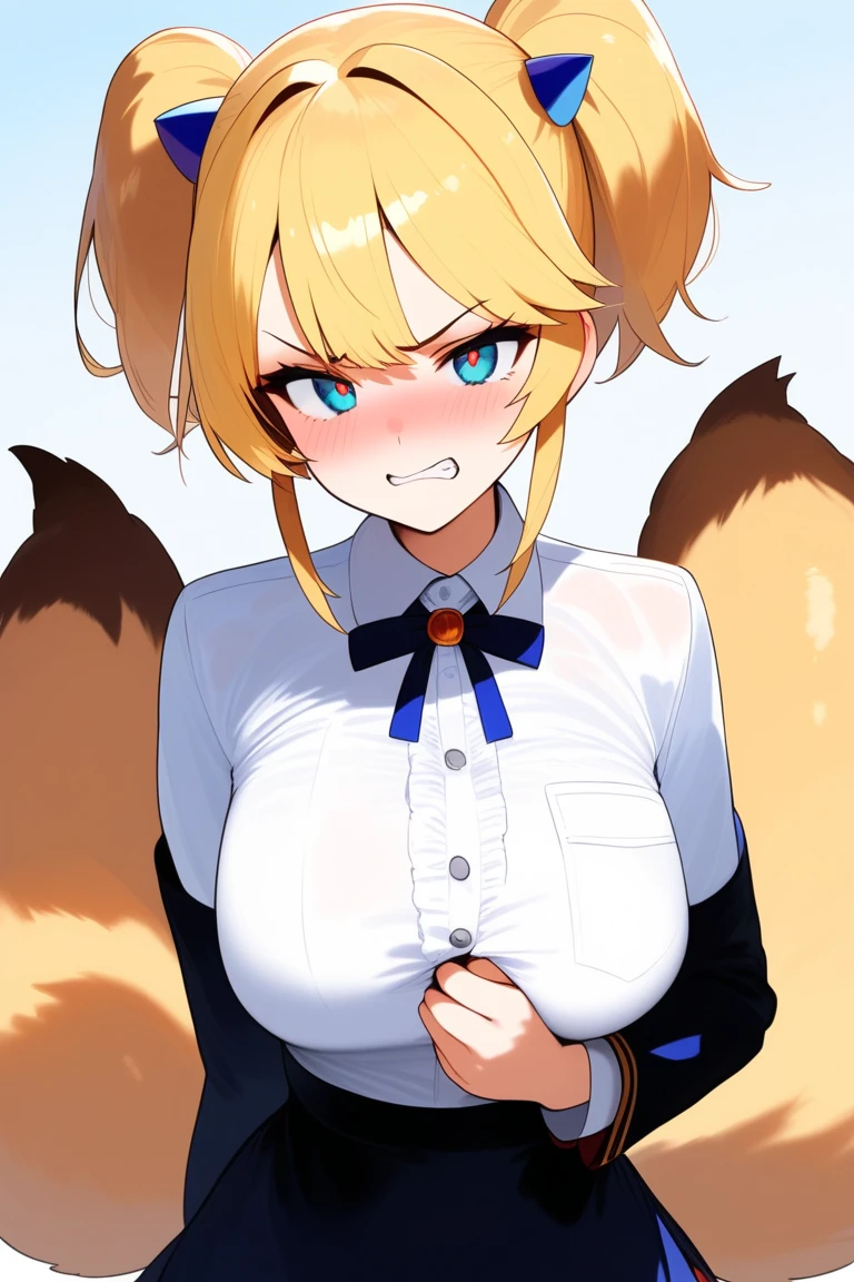 Blonde、Short Hair、boyish、Hair covering one eye、Cool、Small breasts、Fox ears、tail、Expressionless、Showing her nipples、Blowjob、classroom、uniform、high school student、Wearing a collar、She's sucking my dick all the way to the base、Face is being held down by hands、Semen dripping from the mouth