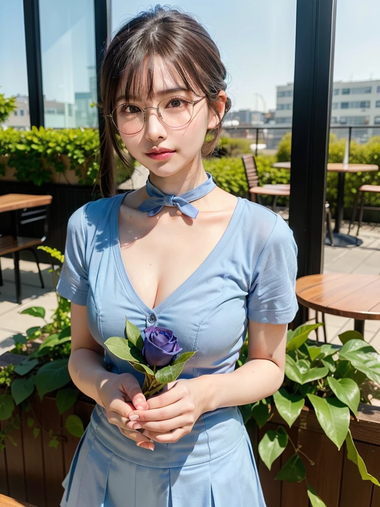 (Girls wearing sleeveless pastel color and floral pattern minidress:1.2), BREAK masterpiece,8K,32K,top-quality,(A detailed eye),(A cute Japanese woman),23years old,(2 girls:1.45,elegent,(Detailed background depiction),Japan alley,standing,Sunlight,during daytime,(smile:1.2),(cowboy shot),(braless:1.4),(slender body:1.5), BREAK (Brown very short wavy pixie hair over one eye:1.3),cleavage,Glasses,