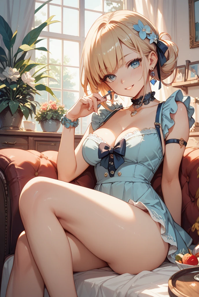 close up of face、sit、blonde、short hair、girl1、stretch both hands forward、smile、prom dress