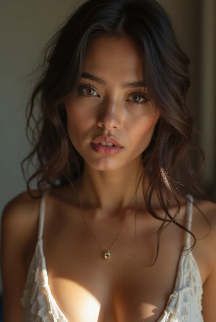 Beautiful Mexican woman with innocent smile wearing shirt and look shy