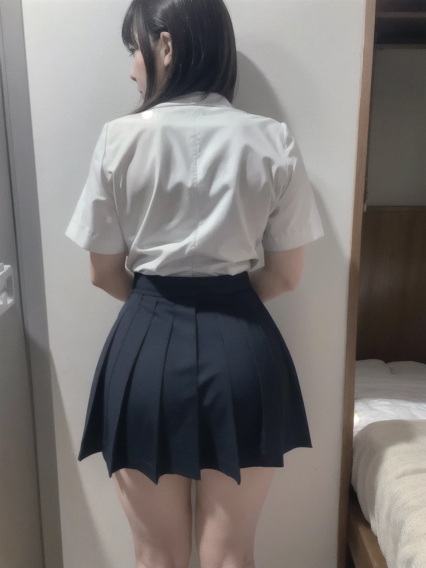 masterpiece, best quality, illustration, Super detailed, fine details, High resolution, 8K,wall paper, perfect dynamic composition,(Details High quality, realistic depiction of eyes:1.3), from side, standing, (collared shirt:1.1), pleated skirt, short bob hair、black hair color, Big Natural Color Lip, bold sexy pose, crying a little、Harajuku style、20 year old girl、cute type、lolita、beautiful legs, hotel room, gravure idol, medium breasts