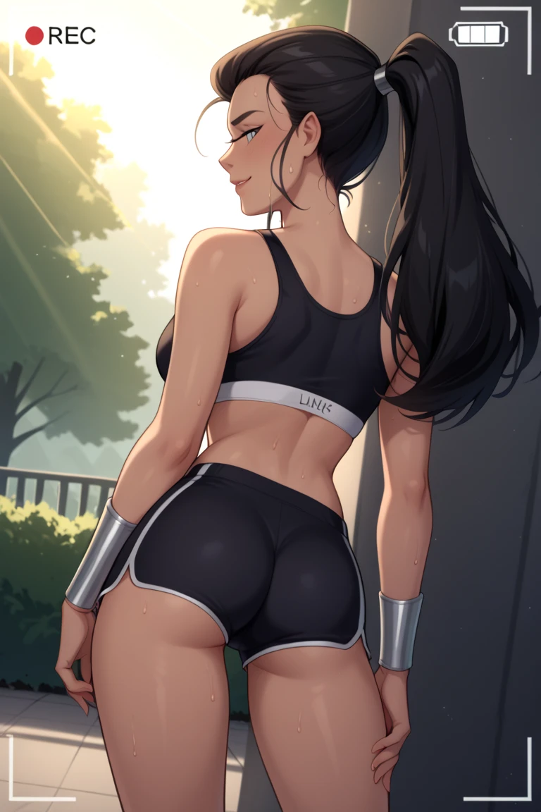 1 girl, black hair, ponytail, in the field, kneeling position, taking aim with sniper, with black tank top, black legging, blue gloves, (blue panties on the outside the black legging), blue heels boots, medium breast, voluptuous, thicc, red cheeks, embarrassed, full body view, back view
