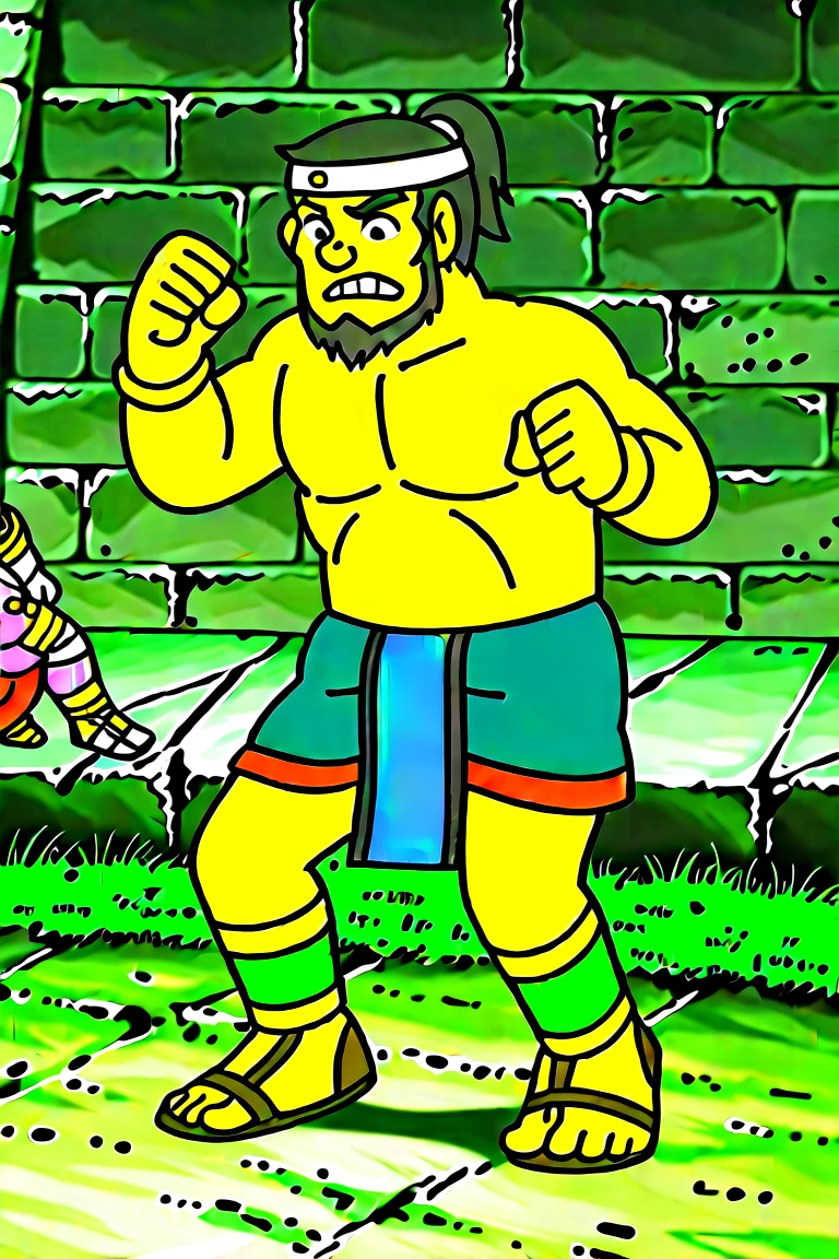 points_9, points_8_go up , points_7_go up , points_6_go up , Perfect Anatomy, perfect proportions, best quality, Masterpiece, cao_ resolution , cao quality, best aesthetics, Extremely absurd , caores, extremely detailed, large file size, single men,   adult  ,   ears , masculine, handsome, charming,  seductive, stand, go up per body, angular black skirt, cowboy style shot, perfect face, source _anime \(doraemon : Nobita and the Legend of the Sun King\), Anime coloring \(doraemon : Nobita and the Legend of the Sun King\), Ishmal, DMishmal, black hair, short hair, ponytail,  Black eyes , long hair , bearded headband,  beard jaw , Ishmal_costume 01, Mayan clothing, shirtless .  topless, (Mayan wrap dress, blue skirt, men's skirt, hip fabric, Maya zombie fabric), bracelets, BLUE FOOT STRAP, Maya Footwear, outdoor, Mayan architecture, (olds, wrinkle),  to reveal belly , Bulky,  dad body ,  dark skin  ,  seriously, fighting pose, holding love, love