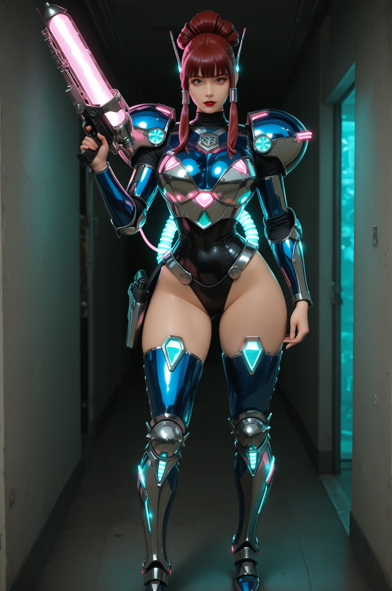 Tyran_Thai Lan, (1GIRL, ALONE, SOLO), (super detailed face), (BIG BUTTOCKS, HUGE FAKE BREAST:1.5), (CLEAVAGE:1.5), (MUSCLE ABS:1.3), (MECHA GUARD ARMS, DIAMOND CORE IN MECHA ARMOR:1.3), (BLUE SHINY FUTURISTIC MECHA ARMORED GEAR, MECHA SKINTIGHT SUIT PANTS, MECHA GUARD ARMOR LEGS, HIGH HEELS:1.5), (MUSCULAR FEMALE BODY, GLOWING SKIN, SEXY LONG LEGS:1.1), (LOOKING AT VIEWER:1.3), (female focus:0.9), (WALKING HALLWAY OF FUTURISTIC SPACE STATION:1), (BRIGHT LIGHT WHITE_ROOM:1.3), HYPER TEXTURE, UNREAL ENGINE RENDER, PHYSICALLY-BASED RENDERING, ULTRA HIGHT DEFINITION, 16K, 1080P.
