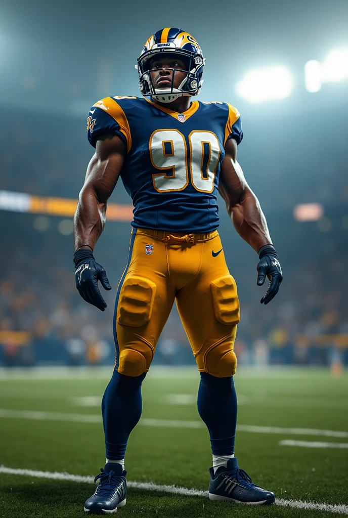 football uniform , in blue color , with white pants , and golden details