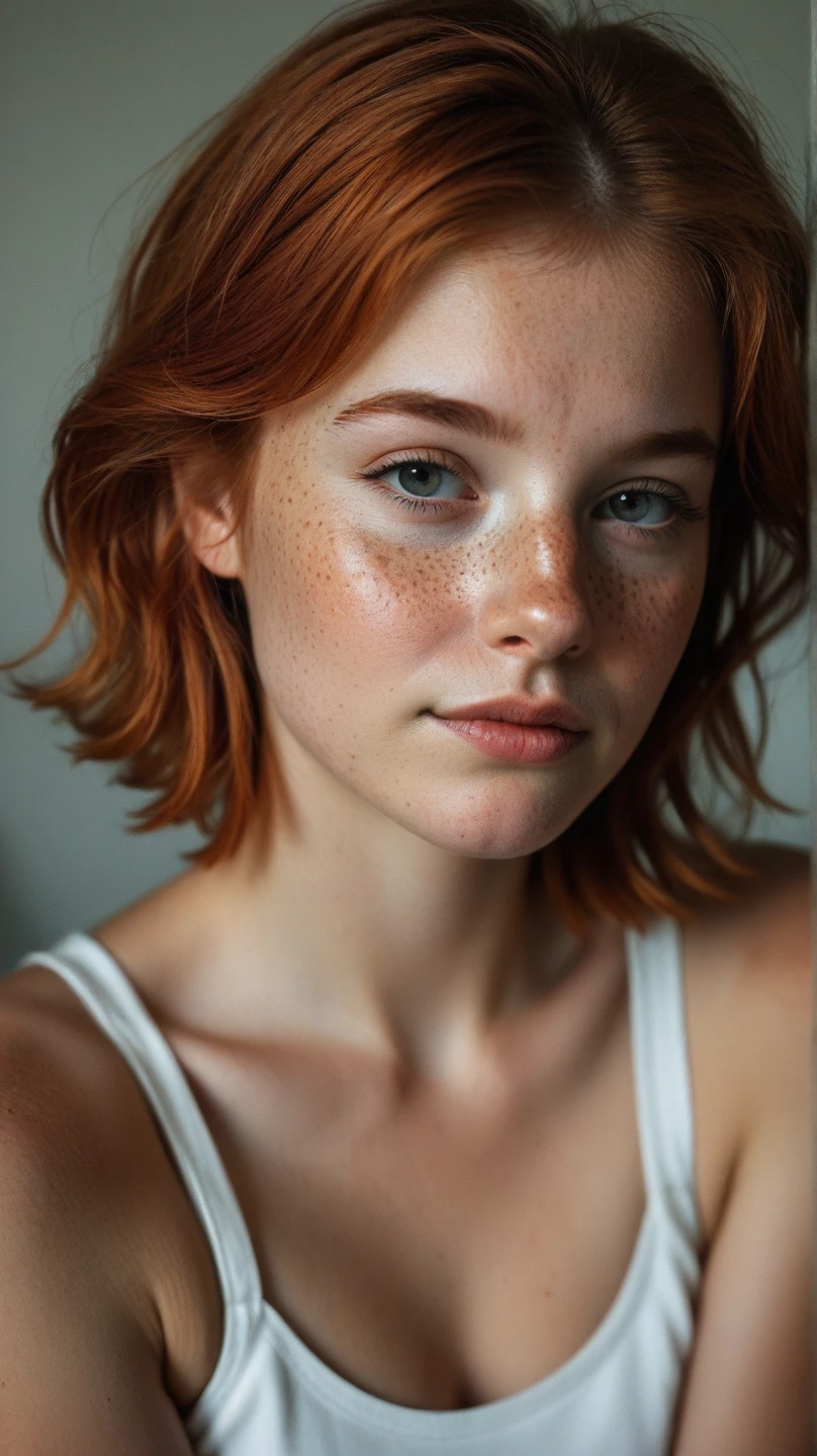 Super cute young Irish redhead girl with dark theme flash photography, short hair, thin nose and thin neck, freckles. pointed natural breasts with natural sagging, (hard nipples with realistic details, real skin, real nipples, epic nipple realism,), ((very small waist, slim body, thin and wide hips)), (full body), blue eyes , highly detailed eyes, realistic skin, epic realism, NSFW, seductive look, perfect teeth, realistic skin, epic realism, HDR: 1.5, epic skin detail, (8k, RAW photo, maximum quality),
