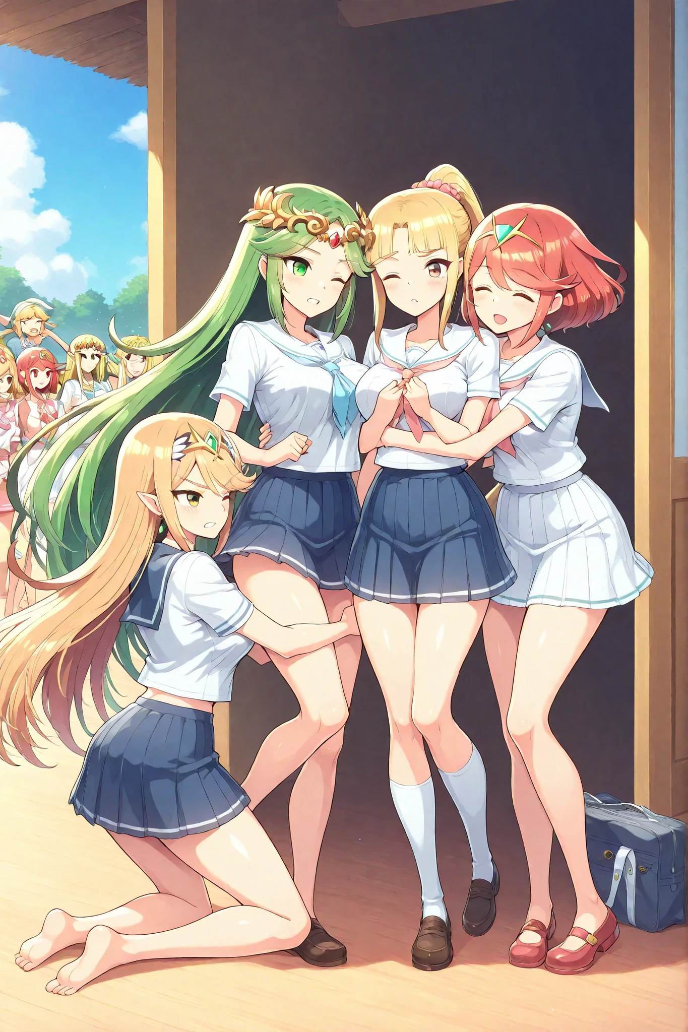 multiple girls group, 1 girl, Palutena, green hair, 1 girl, The Legend of Zelda: A Link Between Worlds, blond hair, 1 girl, Pyra, red hair, 1 girl, Mythra, blond hair, summer, school costume, out doors, school, wind, group hug