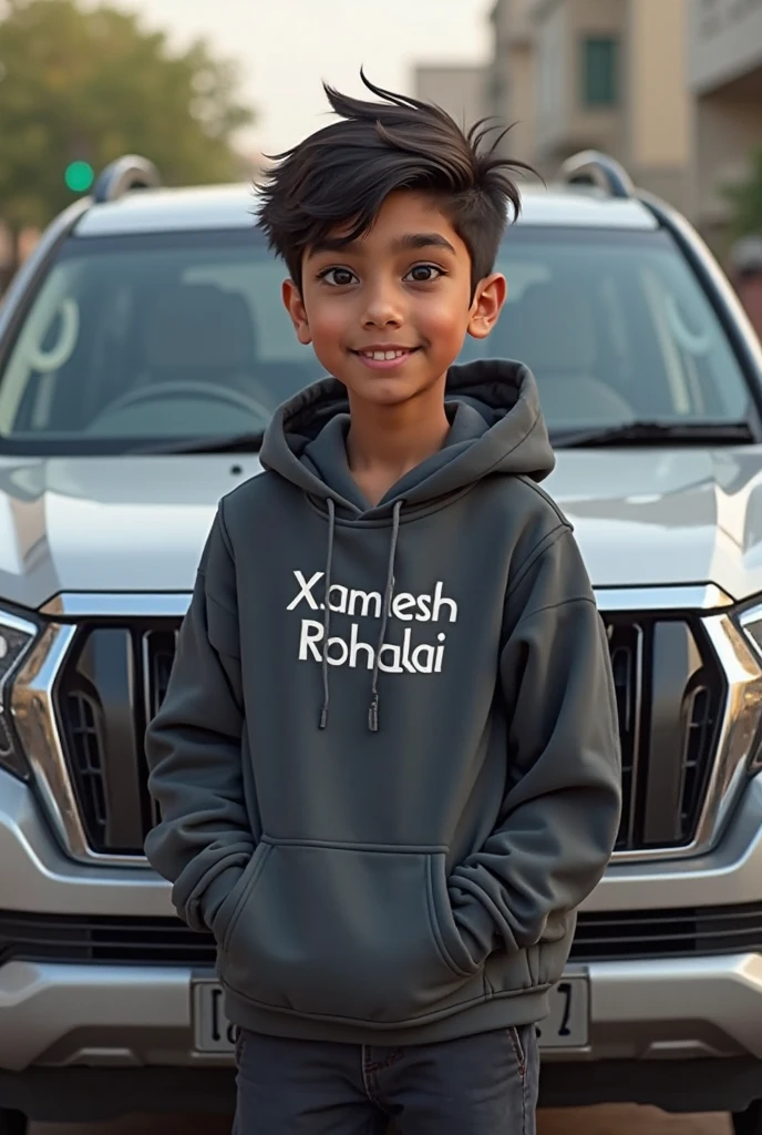 A young boy is standing near a Thar vehicle with a gun and is wearing a T-shirt with Satyam Yadav written on it