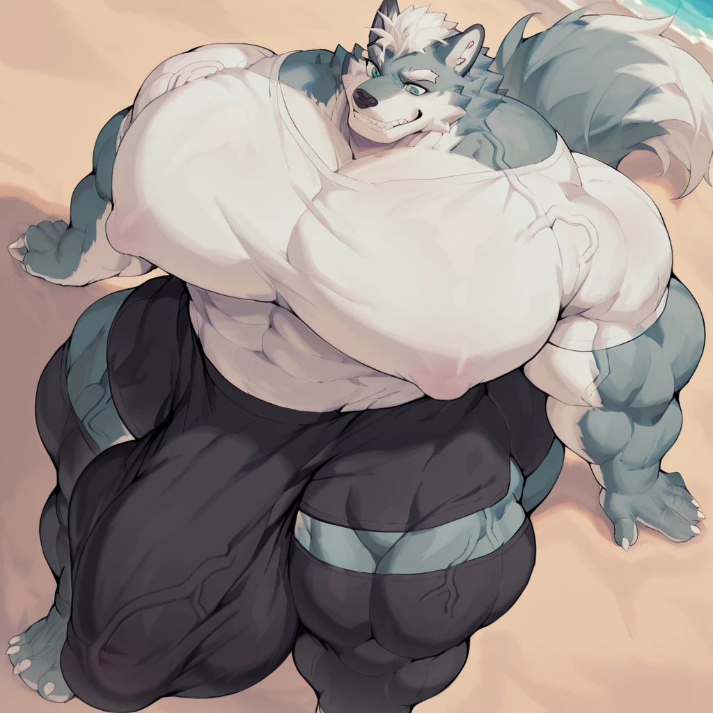 4k, high resolution, best quality, perfect lightning, perfect, solo, anthro, young, boy,white wolf:2.0, furry body, (fluffy mane:1.2), fluffy tail, male, adult, (bulky2:0, thick muscles2:0, huge muscles:2.0, hyper muscles:2.0), (thick biceps, veiny biceps, big broad veiny pecs:2.0, broad shoulders:2.0), (thick legs, thick calves:1.1), (digitigrade legs, 4 toes:1.2), perfect colors, (photorealistic fur, detailed fur, epic, masterpiece), (suggestive posing:1.2), (seductive smile, lustful grin 1.3), detailed beach,detailed wolf eyes:2.0, by k0suna, by darkgem,nipple ring,big pecs:2.0,hyper arms:2.0,veins,white body,white fur,hyper butt:2.0,hyper paws:2.0,standing,thick legs,thick butts:2.0,black briefs,sweat body:2.0