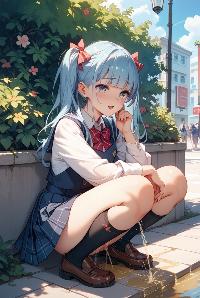 1 girl, solo, highres,looking at viewer, masterpiece,best quality, extremely detailed, perfect lighting, sunny, light tracing, long hair, detailed beautiful face,looking at viewer, wet, kamisato ayaka (heytea), kamisato ayaka, official alternate costume, ponytail, serafuku, blunt bangs, hair bow, black bow, hair ribbon, red ribbon, school uniform, sailor shirt, sailor collar, pleated skirt, grey eyes, light blue hair, mole under eye, <lora:kamisatoAyakaSpringbloom_v10:0.9>,sitting, white legwear,