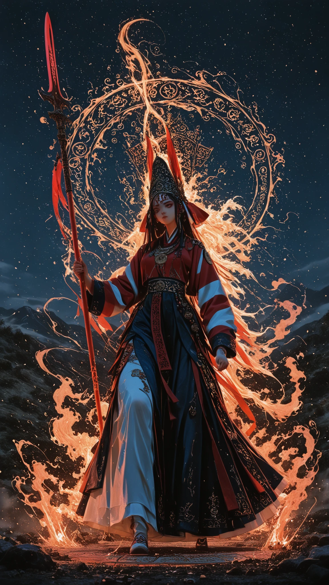God of divine but terrifying justice holding a large book in his left hand, wearing a crown like a Chinese emperor, sitting god style, huge god of heaven, God with an expression of rage, behind is a flame light back, God of terrible judgment, stylish beautiful girl with a Japan face, top quality, super high resolution --auto --s2