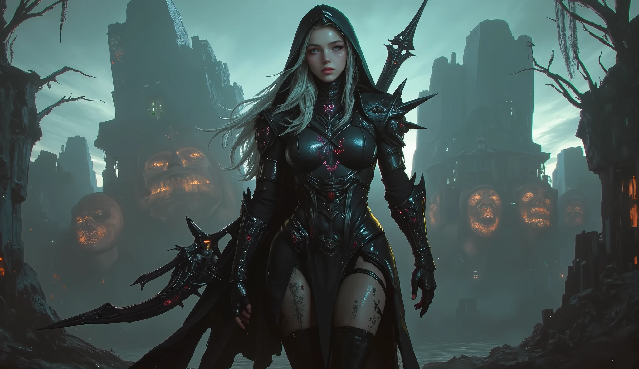 Dark fantasy portrait of a sinister Drukhari elven huntress in corrupted armor, standing amid a cursed, war-torn alien wasteland. Her skin is deathly pale gray, almost ashen, veined with faintly glowing black sigils. Her blood-red eyes burn with ancient cruelty beneath a spiked black hood. Long silver-white hair, windswept and tangled with ritual threads and bone trinkets. Her form-fitting obsidian armor is adorned with occult runes, sacrificial thorns, and wicked blade ornaments. She grips a twisted bone bow, drenched in shadow energy. Behind her: the shattered remnants of tortured souls, screaming faces frozen in soulstone. Faint green and violet glows seep from a cracked alien sky. The entire scene is steeped in despair, beauty twisted into horror. Cinematic lighting, heavy shadows, grimdark tones, photorealistic, masterpiece, 8k concept art, hyperdetailed, atmospheric, trending on ArtStation