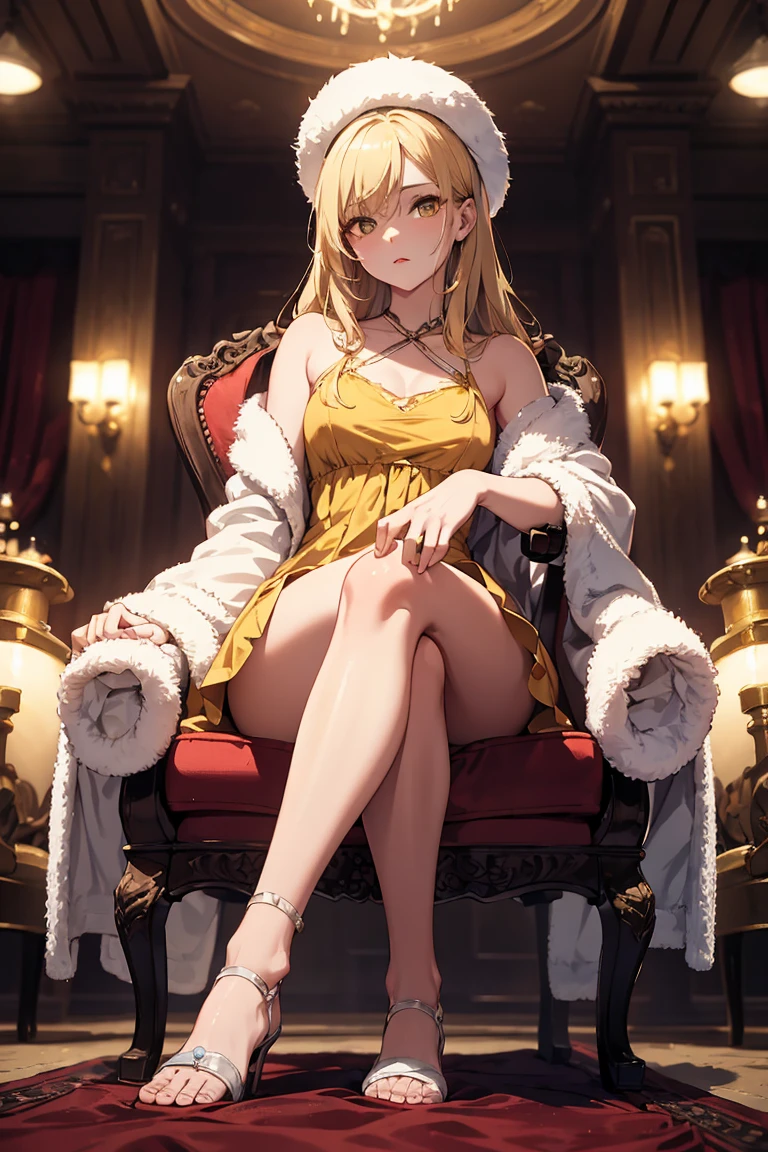 1 girl, ((Girl is tall, busty, attractive)), ((Long golden black hair))((Golden hair)), ((red eyes)), ((Girl wear white gown, golden necklace)), ((Living room))((Girl is sitting on the sofa, crossing legs)), ((Girl looks angrily at the viewer )), 8k, masterpiece, dynamic angle