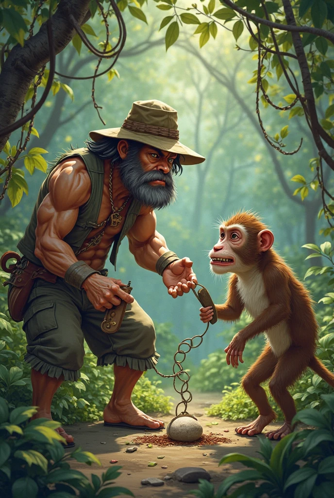 Bald man building a house in the jungle while being attacked by monkeys