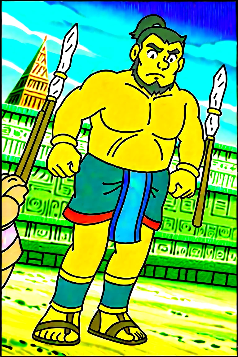 perfect proportions, best quality, masterpiece, high_resolution, high quality, best aesthetic, extremely absurd, caores, extremely detailed, large file size, single male, adult, Mature, masculine, manly, handsome mermaid, charming, alluring, standing, up per body, black skirt angle, cowboy shot, perfect face, source_anime \(doraemon : Nobita and the Legend of the Sun King\), anime coloring \(doraemon : Nobita and the Legend of the Sun King\), Ishmal, DMishmal, black hair, short hair, ponytail, black eyes, long sideburns, goatee, Beard, Ishmal_outfit 01, Maya clothes, no shirt. bare chest, (Mayan wrap dress, Blue skirt, men's skirt, hip cloth, Mayan corpse cloth), bracelet, BLUE LEG BAND, Maya shoes, outdoors, Maya architecture, (old man, wrinkle), exposing belly, Bulky, dad body, dark skin, serious, fighting pose, holding spear, spear, Mesoamerican pyramid, his big penis, nude naked