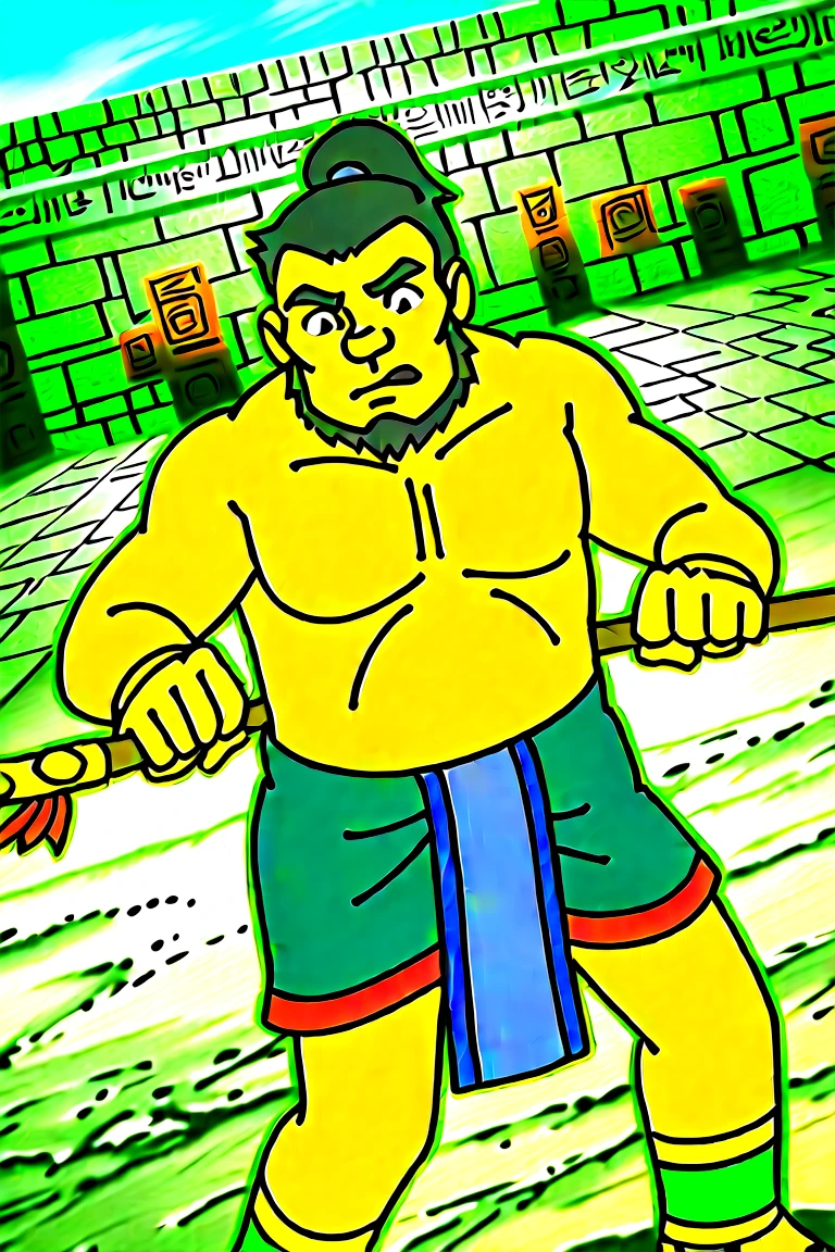 perfect proportions, best quality, masterpiece, high_resolution, high quality, best aesthetic, extremely absurd, caores, extremely detailed, large file size, single male, adult, Mature, masculine, manly, handsome mermaid, charming, alluring, standing, up per body, black skirt angle, cowboy shot, perfect face, source_anime \(doraemon : Nobita and the Legend of the Sun King\), anime coloring \(doraemon : Nobita and the Legend of the Sun King\), Ishmal, DMishmal, black hair, short hair, ponytail, black eyes, long sideburns, goatee, Beard, Ishmal_outfit 01, Maya clothes, no shirt. bare chest, (Mayan wrap dress, Blue skirt, men's skirt, hip cloth, Mayan corpse cloth), bracelet, BLUE LEG BAND, Maya shoes, outdoors, Maya architecture, (old man, wrinkle), exposing belly, Bulky, dad body, dark skin, serious, fighting pose, holding spear, spear, Mesoamerican pyramid, his big penis, nude naked