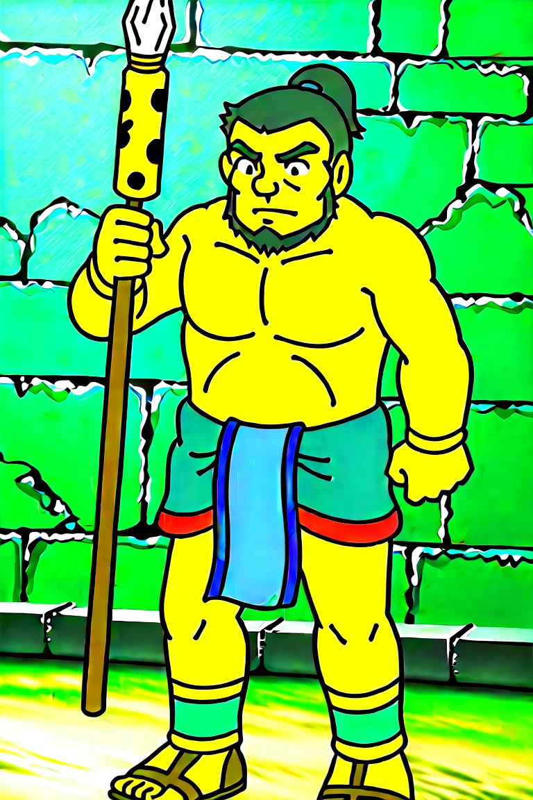 perfect proportions, best quality, masterpiece, high_resolution, high quality, best aesthetic, extremely absurd, caores, extremely detailed, large file size, single male, adult, Mature, masculine, manly, handsome mermaid, charming, alluring, standing, up per body, black skirt angle, cowboy shot, perfect face, source_anime \(doraemon : Nobita and the Legend of the Sun King\), anime coloring \(doraemon : Nobita and the Legend of the Sun King\), Ishmal, DMishmal, black hair, short hair, ponytail, black eyes, long sideburns, goatee, Beard, Ishmal_outfit 01, Maya clothes, no shirt. bare chest, (Mayan wrap dress, Blue skirt, men's skirt, hip cloth, Mayan corpse cloth), bracelet, BLUE LEG BAND, Maya shoes, outdoors, Maya architecture, (old man, wrinkle), exposing belly, Bulky, dad body, dark skin, serious, fighting pose, holding spear, spear, Mesoamerican pyramid, his big penis, nude naked