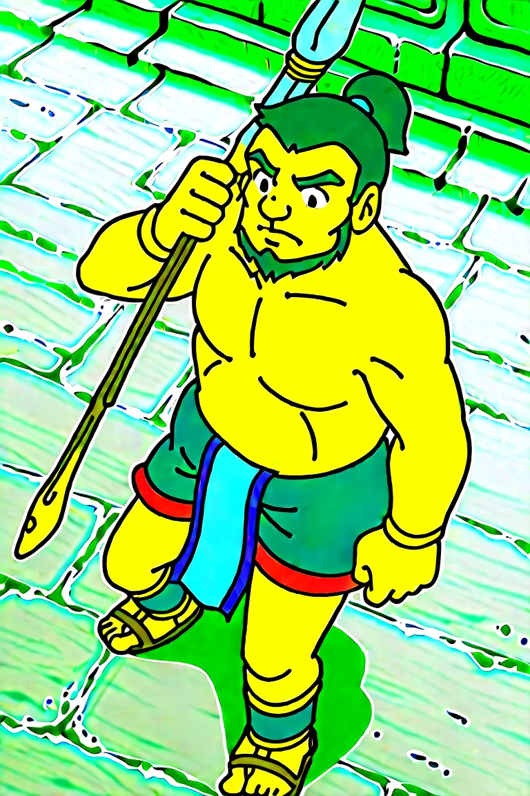 perfect proportions, best quality, masterpiece, high_resolution, high quality, best aesthetic, extremely absurd, caores, extremely detailed, large file size, single male, adult, Mature, masculine, manly, handsome mermaid, charming, alluring, standing, up per body, black skirt angle, cowboy shot, perfect face, source_anime \(doraemon : Nobita and the Legend of the Sun King\), anime coloring \(doraemon : Nobita and the Legend of the Sun King\), Ishmal, DMishmal, black hair, short hair, ponytail, black eyes, long sideburns, goatee, Beard, Ishmal_outfit 01, Maya clothes, no shirt. bare chest, (Mayan wrap dress, Blue skirt, men's skirt, hip cloth, Mayan corpse cloth), bracelet, BLUE LEG BAND, Maya shoes, outdoors, Maya architecture, (old man, wrinkle), exposing belly, Bulky, dad body, dark skin, serious, fighting pose, holding spear, spear, Mesoamerican pyramid, his big penis, nude naked