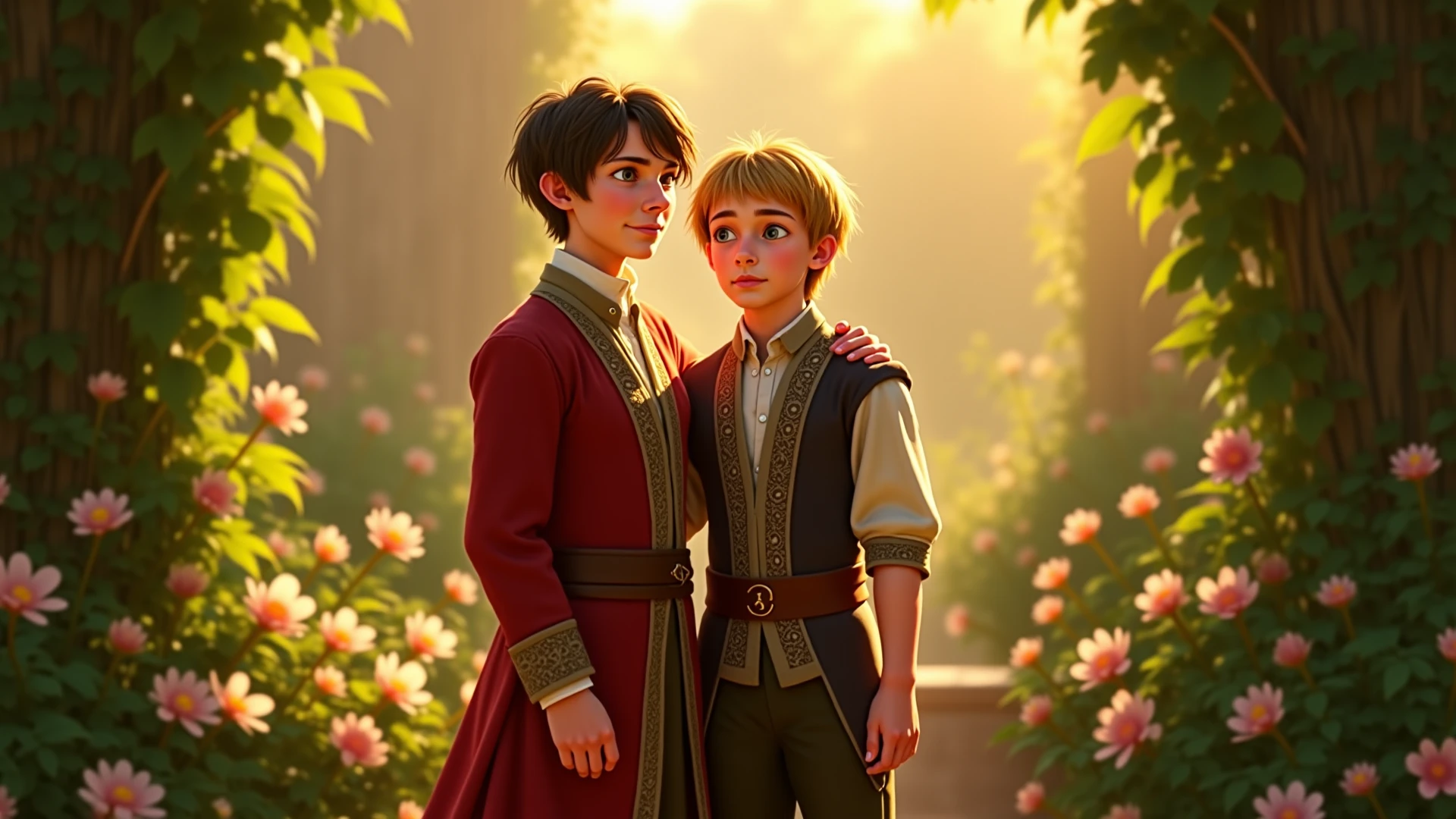In a forest, a teeneger boy (blue shirt and green pants halfway down his legs, no shoes, flowing brown hair), ((Peter Pan style)) and a teeneger girl (dress and blouse in neutral tones), light brown hair at shoulder length, are sitting under a tree. The boy's expression is one of joy, the girl's expression is one of sadness. It's an autumn dark afternoon, dry leaves cover the ground. Very detailed design, Gustave Dore style. The clothes remind us of Grimm Brothers tales
