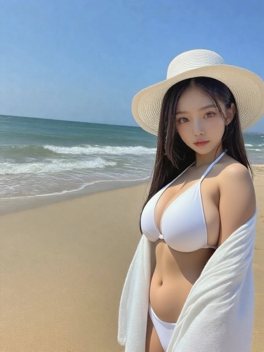 Huge H cup，Sexy white bikini，Strapless design，Draw a clear outline，Standing tall and tall on the beach by the sea，wet，Frontal photo，Brush your hair with your hands，Sexy and sultry pose，The beauty of mixed race，huge eyes，Very white skin，Bright red lips，Pure and cute appearance，thin，很thin，The legs are thin，wet brown hair，Smooth skin，Face a little rosy，smooth fair skin，Flawless skin，Fair and glowing skin