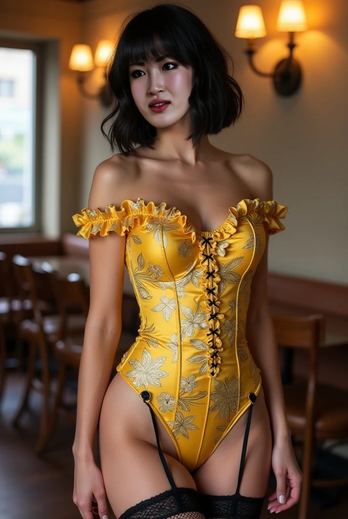 a beautiful young girl with yellow flowers on it, laced lingerie, harness, with yellow flowers around it, wrapped in flowers and wired, wrapped in cables and flowers, intricate outfit, harnesses and garters, floral couture, intricate latex set, intricate body, rave outfit, harnesses, body harness, body covers with neon flowers, wild rave outfit, cute rave outfit ,beautiful breasts,large breasts,medium long body shot,stand on the balcony background