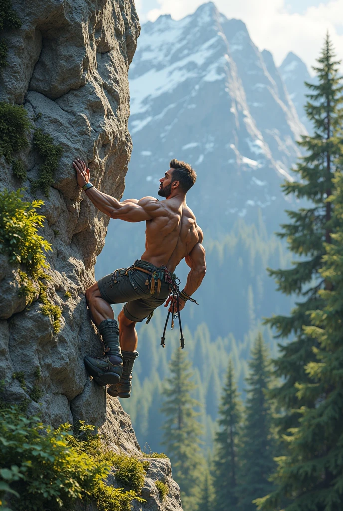 close-up body portrait, seen from above, handsome male, masculine, beefy, burly, skimpy outfit, (rock climbing:1.1), mid climb, masterpiece, high quality, highres, HDR, 8K absurdres, sunset, beautiful caustics, sweaty, struggle expression, looking at viewer,