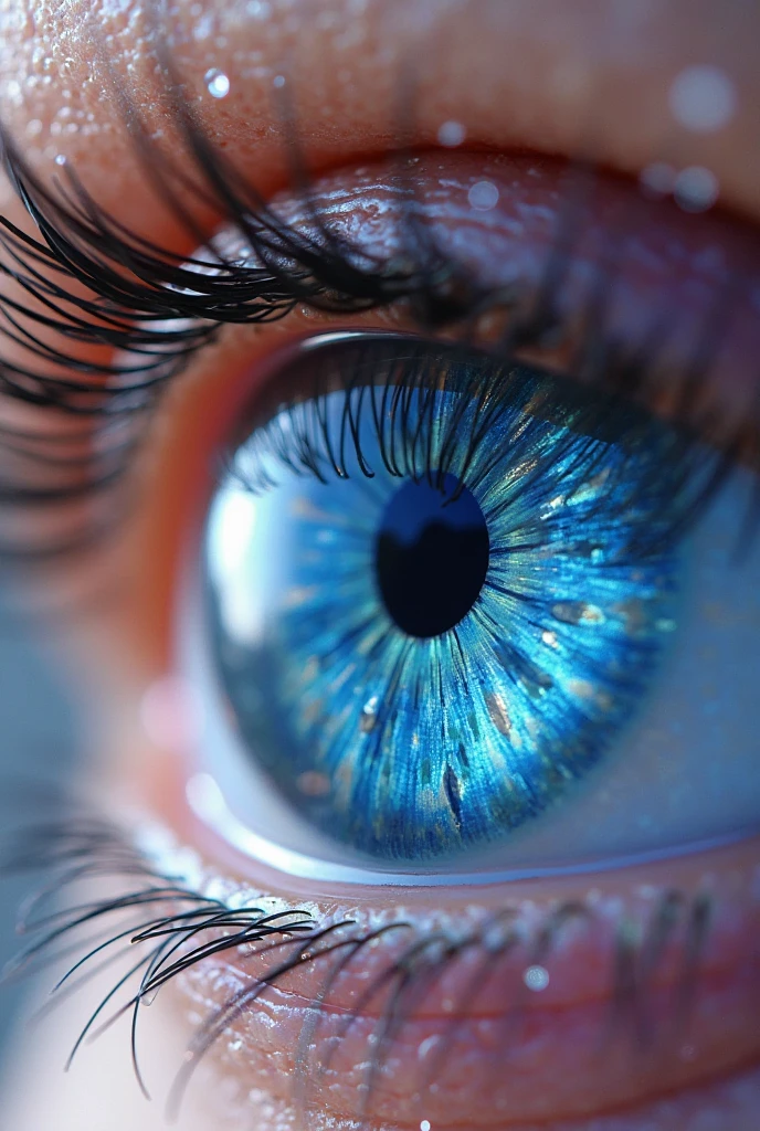 extreme closeup of an eye(1eye), only eye, super detailed, retina, pupil, cornea blue eye, blue light, eye to camera, frontal view, sparkling, macro photography shot on canon eos 5d mark 3