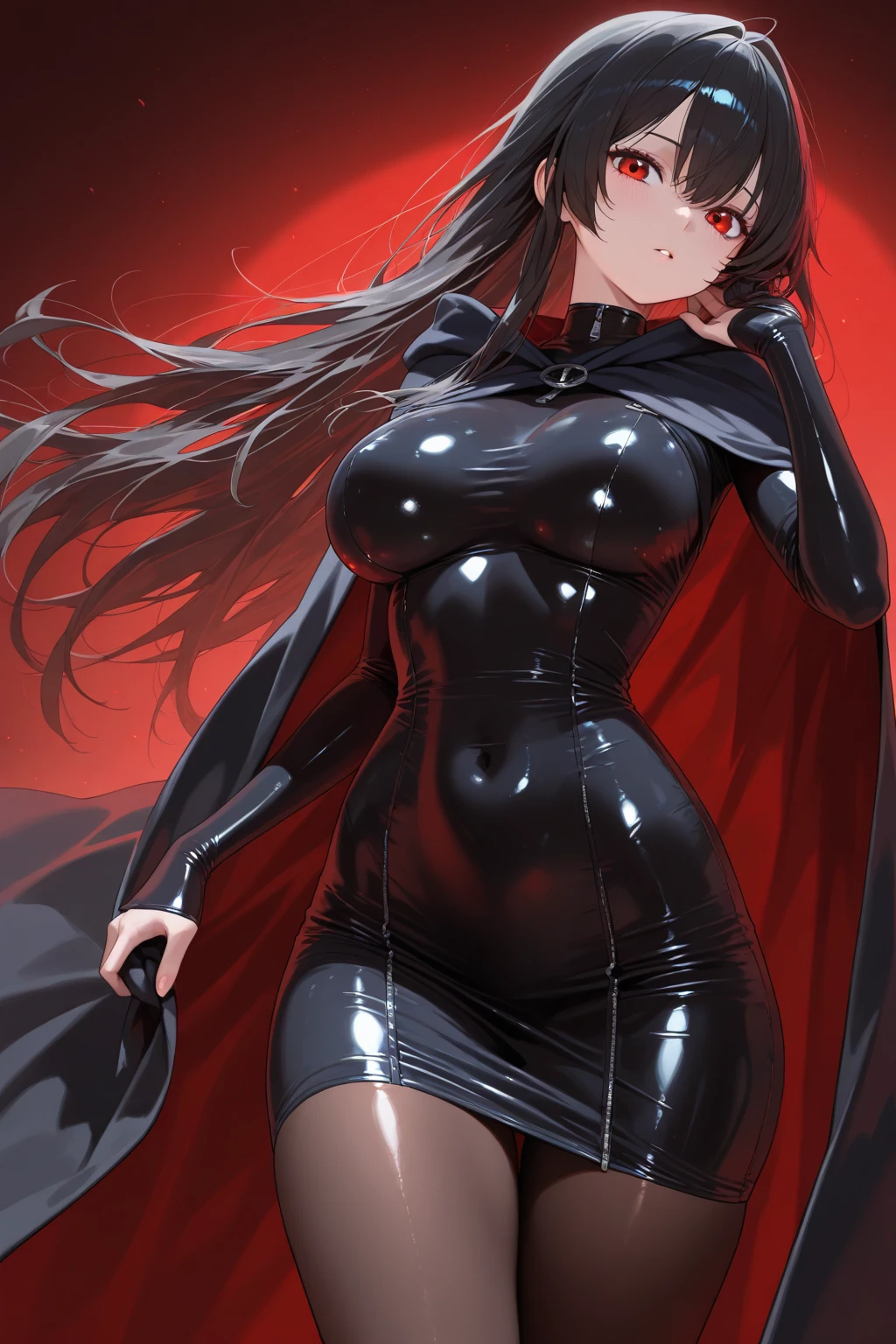 (masterpiece, best quality:1.2), from below, solo, 1girl, ozen, expressionless, closed mouth, looking at viewer, hands on hips, black jacket, cape, black pants, black gloves, big breast