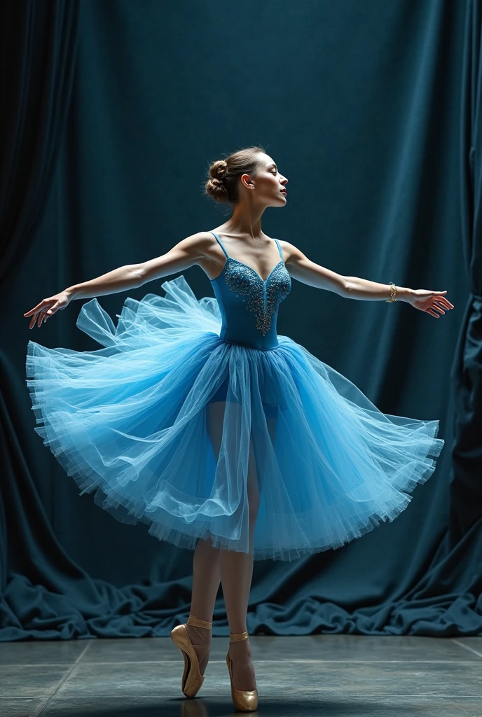 Ballerina with classical ballet pose in luxurious blue costume