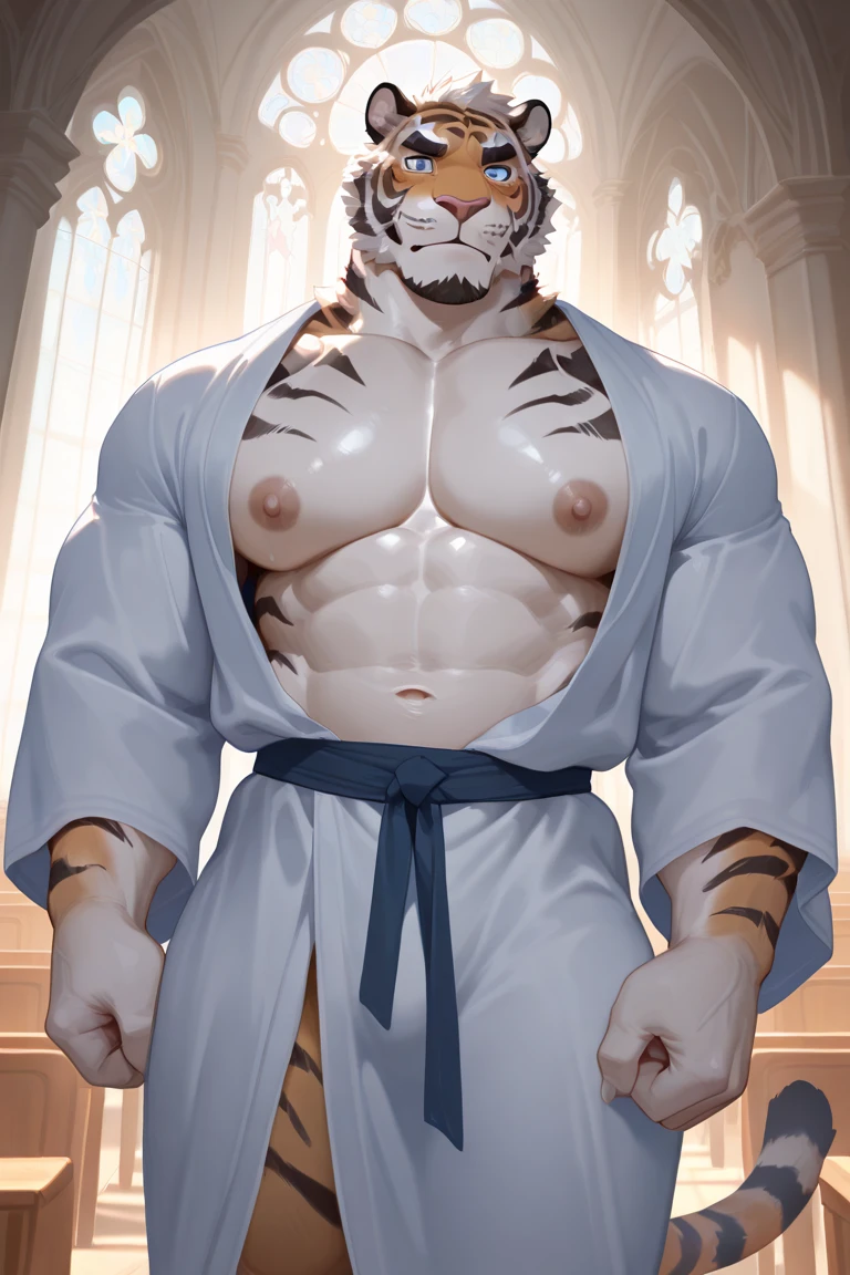 (sfw:1.5), male focus, pharmacist, Handsome 1boy, solitary,protrait photo,single, (Black nails, Black claws, White feet, White feet底板:1.4), White hair, White skin, (Black tiger stripe:1.5), (Black tiger stripes on arms, Black tiger stripes on legs, Black stripes on arms, Black stripes on legs:1.4), (White tail:1.3), White Teeth, (White fangs, Exquisite fangs, Perfect fangs:1.5), Delicate teeth, Perfect Teeth, (Perfect red eyes:1.4), (White body:1.3),
White Tiger, White Tiger, dragon boy, dragon body, feet, (evil eyes, big eyes, large eyes:1.4), (Chubby, The body is huge, Larger face:1.3), Human feet, (Four toes:1.4),
(Red cloth wrapped around the crotch, Red Cape:1.4), (Topless:1.1),
(full body:1.2), Front view, (Middle-aged men, Mature men:1.4), (Strong body, muscle,Strong male, muscle男, Bare chest muscles:1.3), Red nipples, (Abdominal muscles:1.4), belly button, (Bare legs, Strong and strong legs, Strong legs, bare arm, Thick arms:1.3), (Sitting, Sitting:1.3), (Looking at the audience, Focus, Eyes gaze:1.1), enjoy, (evil smile, evil grin, Smirk, evil smile, Evil smile:1.5), (Raise your hand:1.2), (Holding red potion in hand:1.4),
full background, Stone brick floors, Stone Wall, indoor, (Potion Rack, Wooden frame, Pharmacy potion bottle:1.2), night, Candle,, Dim environment,
Mysterious and romantic atmosphere, Caustic lines(refraction, polarization)Perfect anatomical structure, absurd, Detailed background, (Delicate eyes:1.3),Printing style。((artist:Takemoto Arashi))
